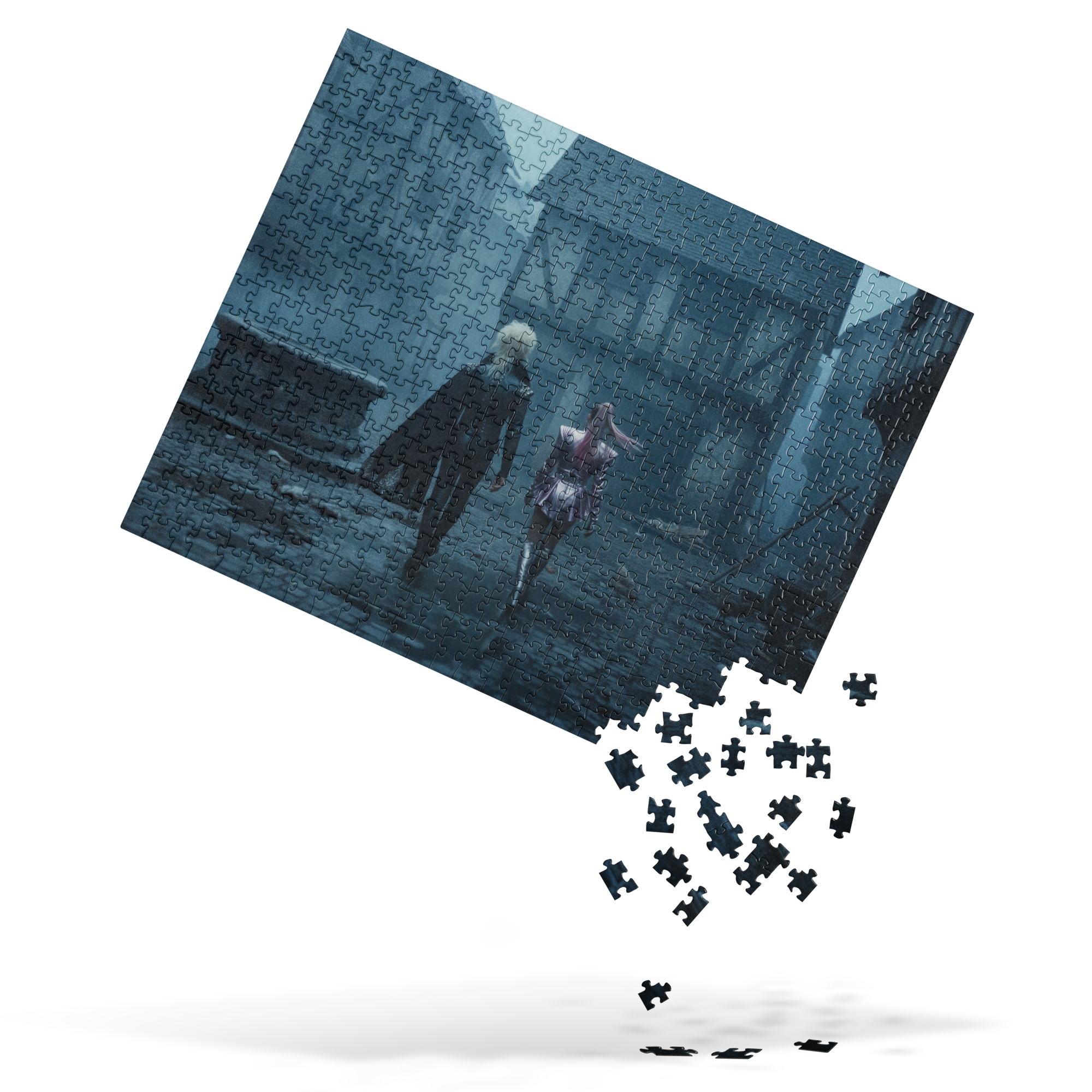 Puzzle - Vlad and the Impalers - Jigsaw puzzle. Shows the fantasy village artwork with loose puzzle pieces scattering at the bottom.