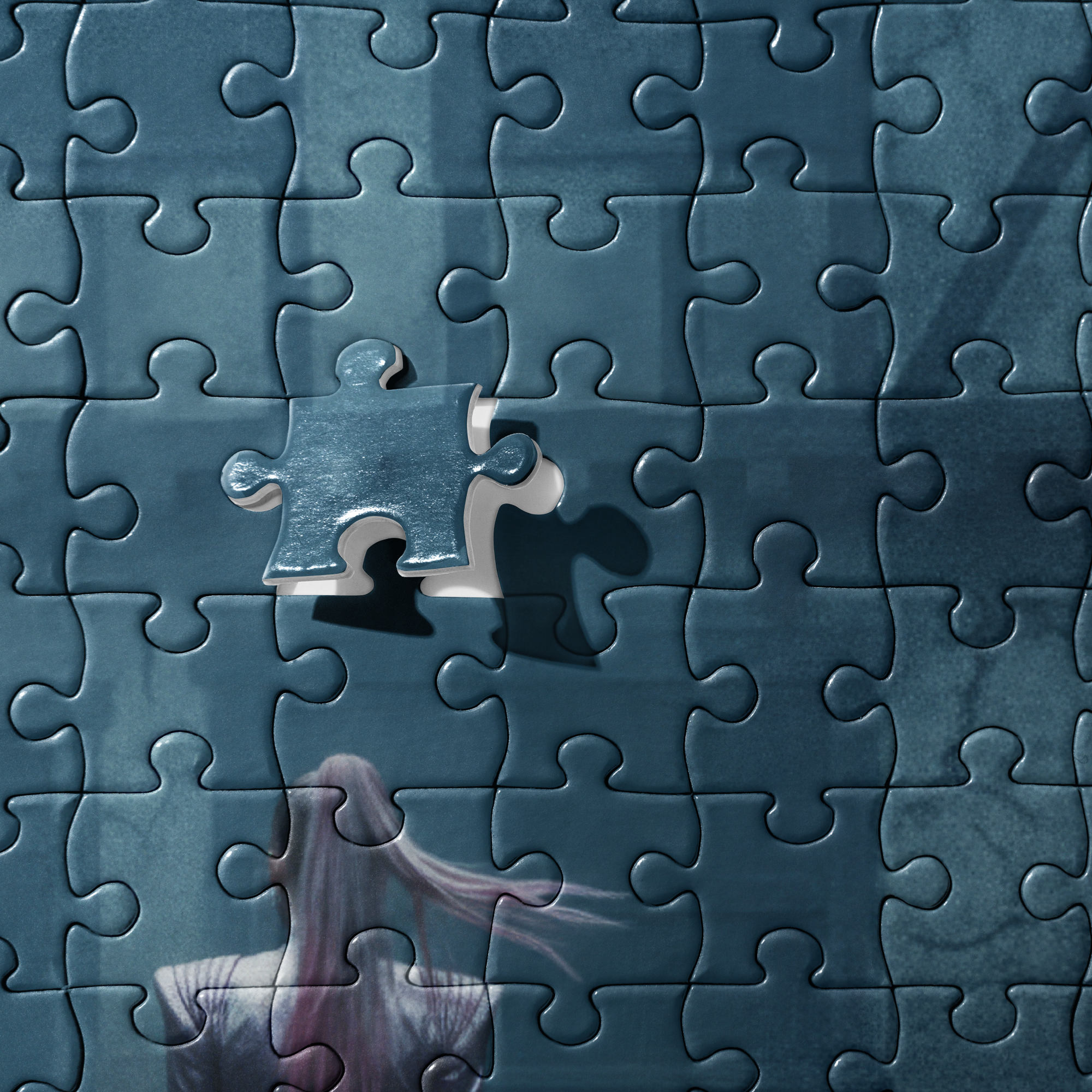 Puzzle - Vlad and the Impalers - Close-up detail of jigsaw puzzle pieces. Highlights the print quality of the rain texture and the character's pink hair.