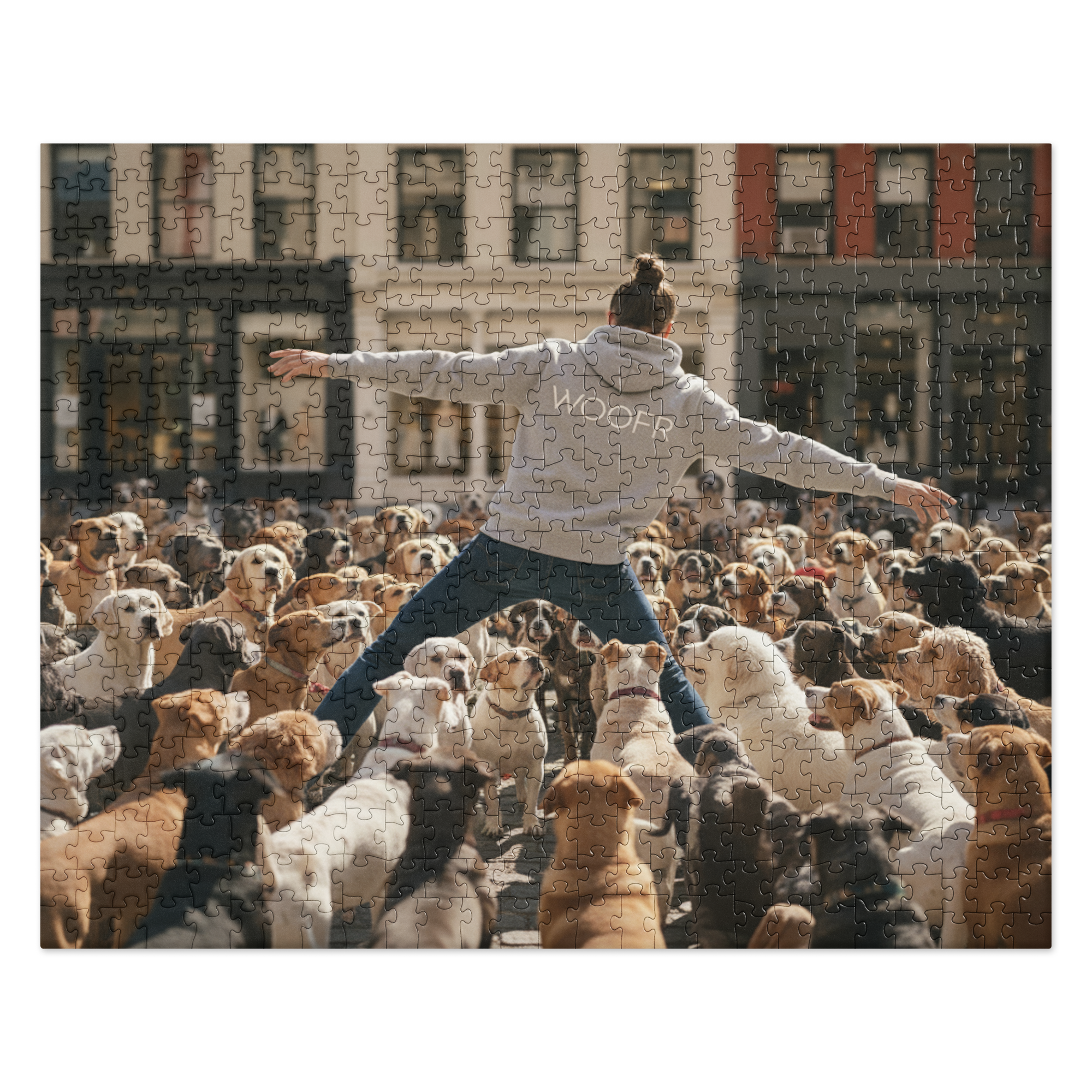 Puzzle - Unleashed - Completed jigsaw puzzle. Artwork depicts a huge pack of golden retrievers and diverse dogs in a city street, with a person surfing on top wearing a grey hoodie that reads 'WOOFR'.