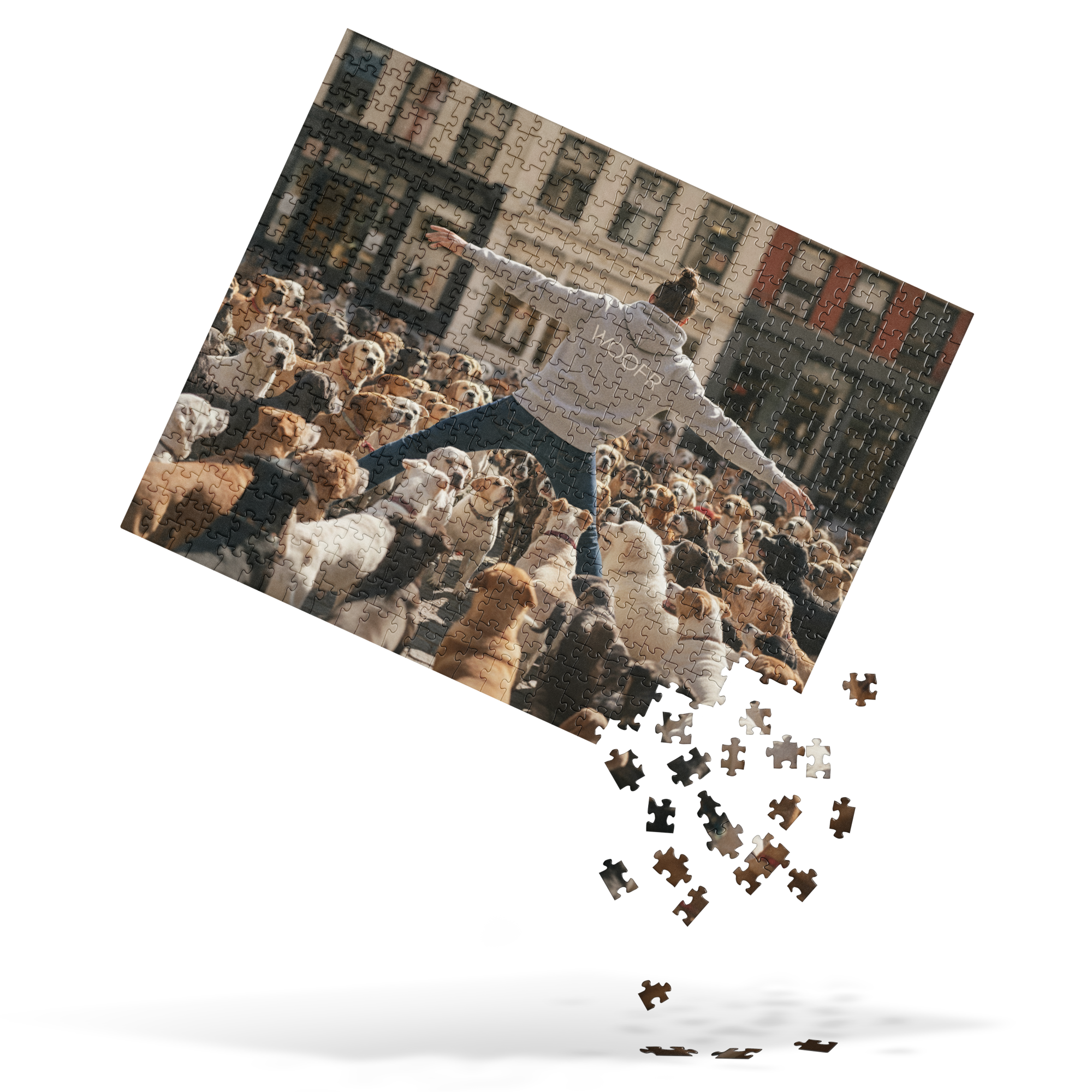 Puzzle - Unleashed - Jigsaw puzzle. Shows the dog crowd-surf artwork with loose puzzle pieces scattering at the bottom.
