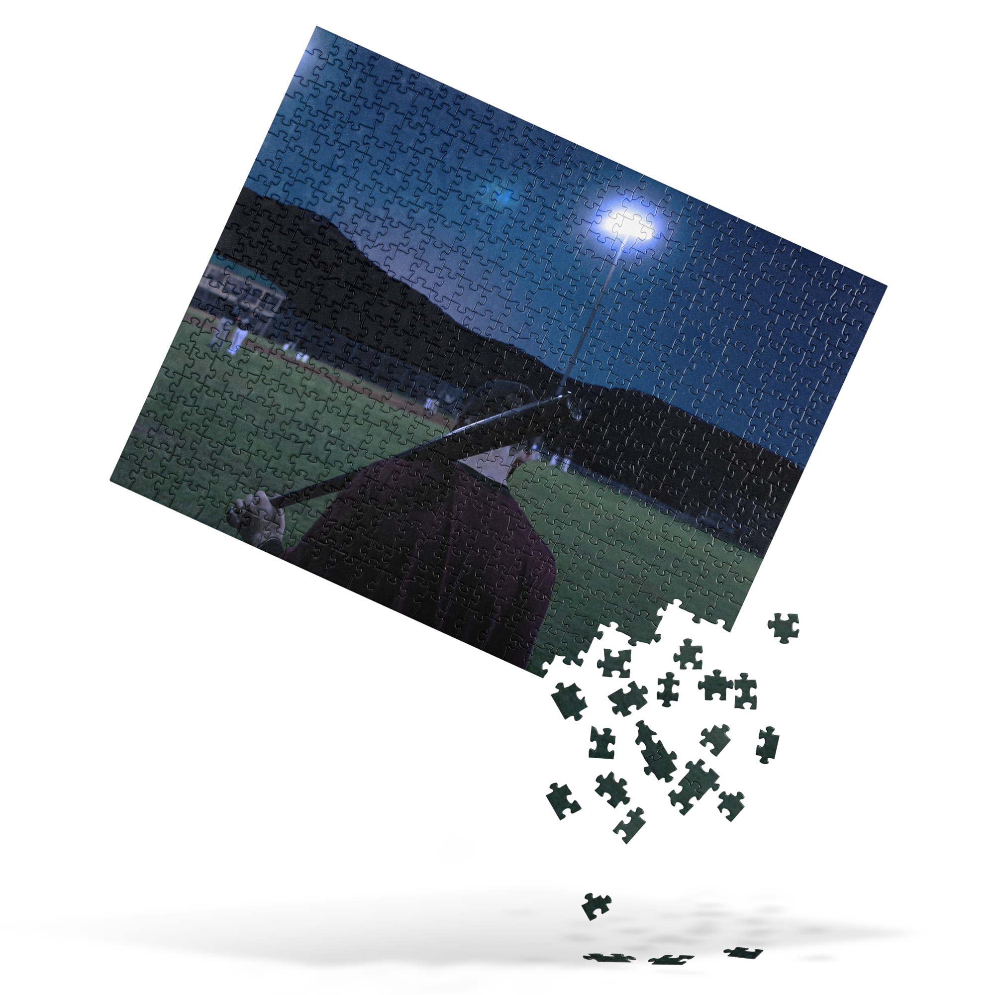 Puzzle - Moonshot - Jigsaw puzzle. Shows the baseball field artwork with loose puzzle pieces scattering at the bottom.