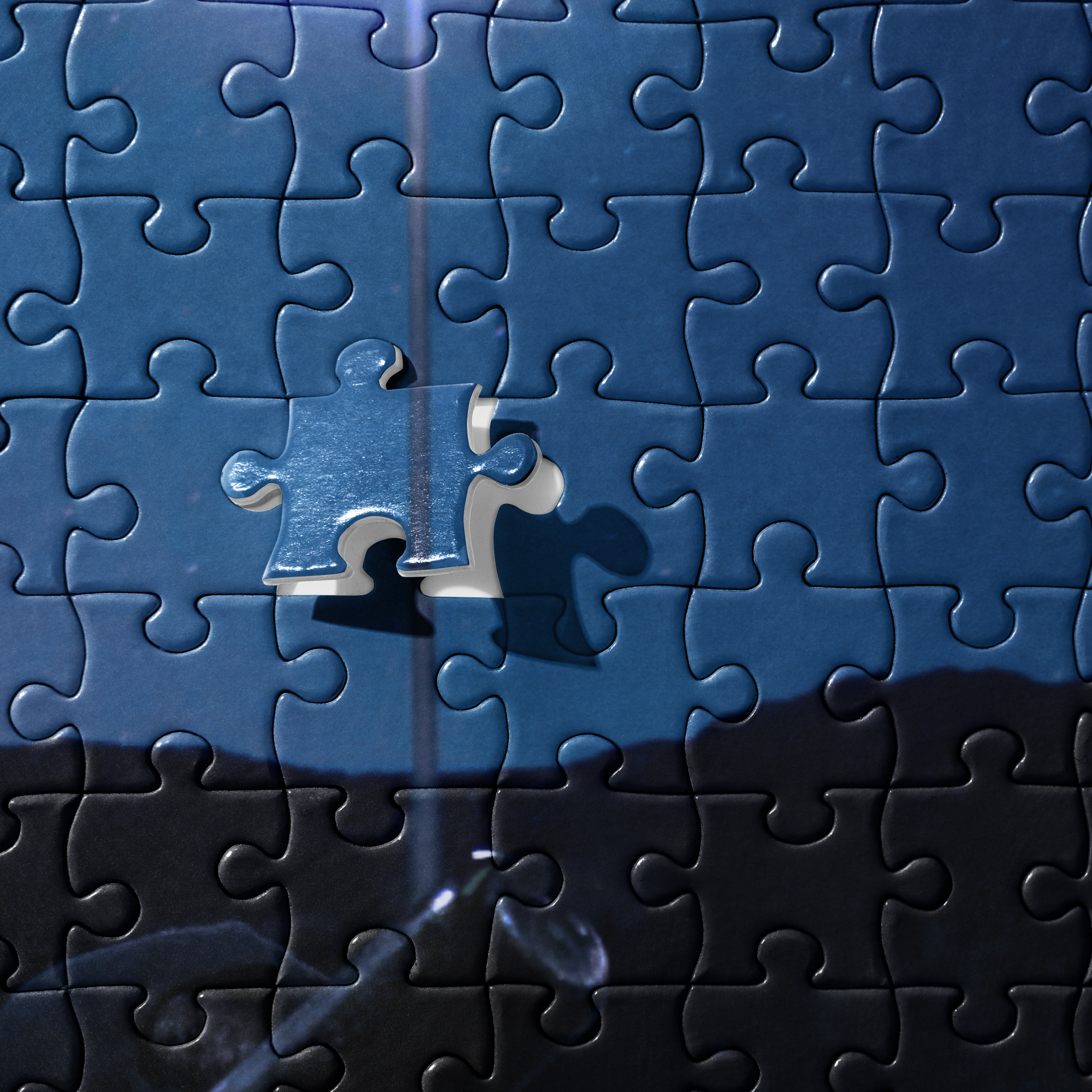 Puzzle - Moonshot - Close-up detail of jigsaw puzzle pieces. Highlights the blue gradient of the night sky and the stadium light glare.