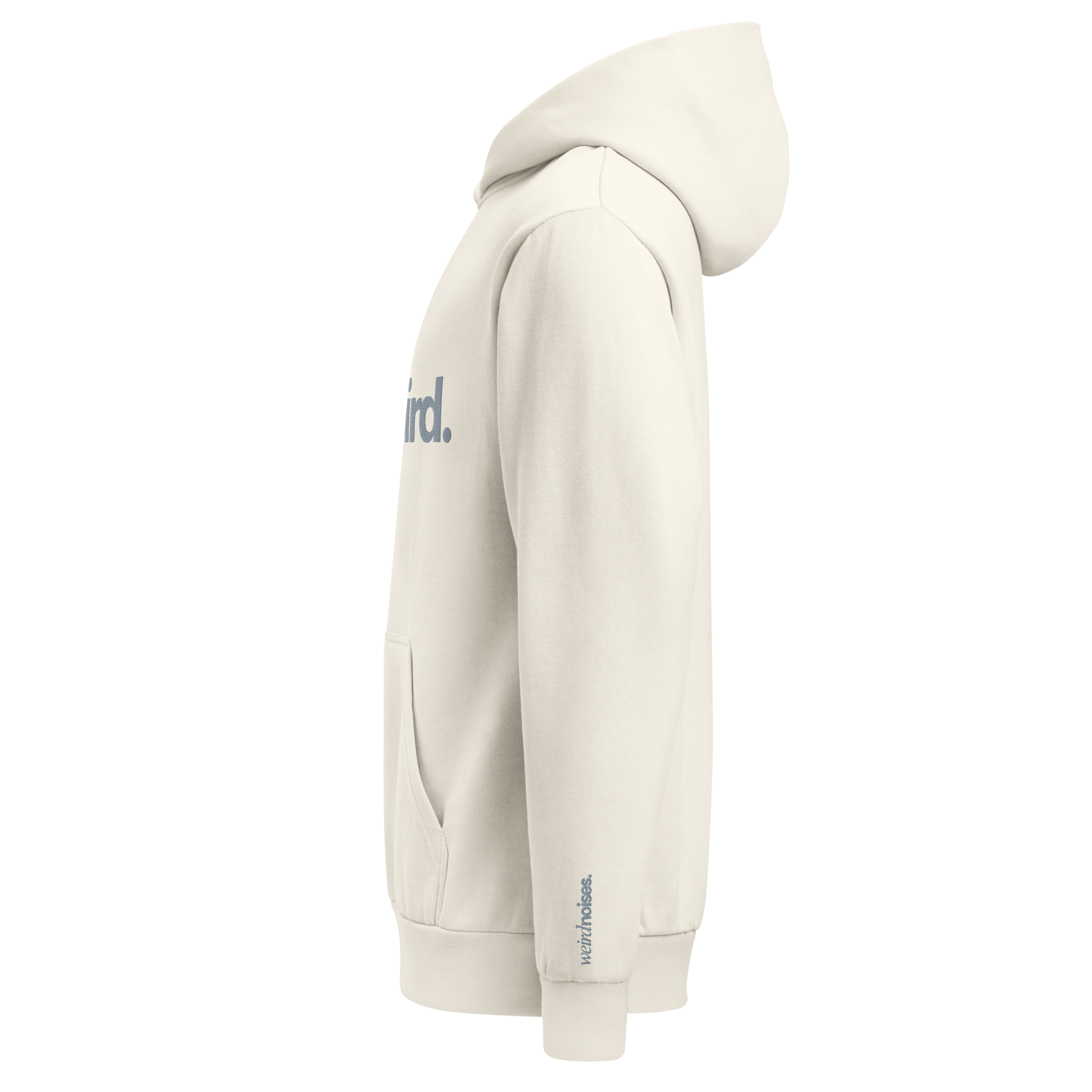 Hoodie Number One - Cream pullover hoodie, side profile. Shows grey 'beweird.' text placement on the chest and a small vertical text detail on the sleeve cuff.