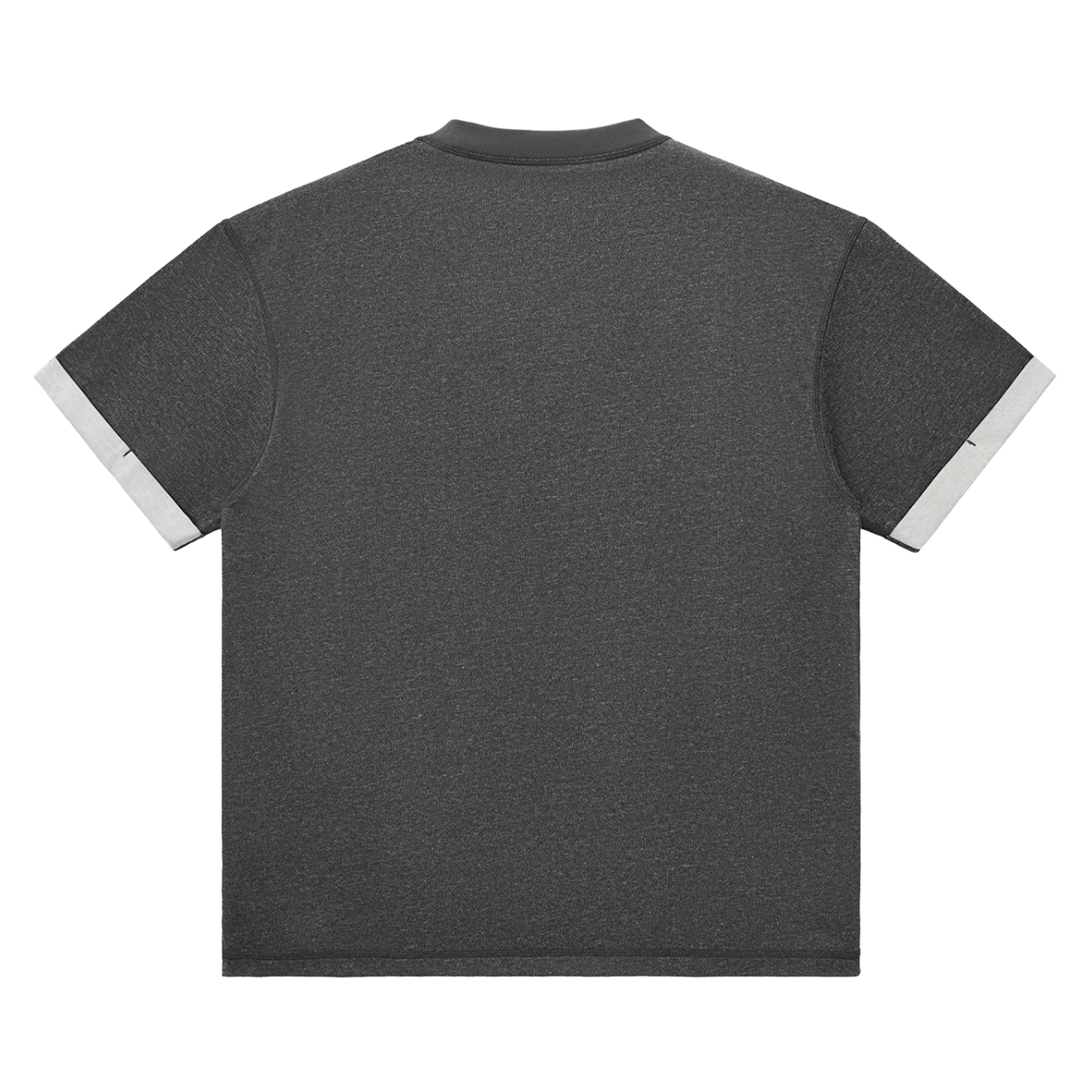 Tshirt Number One - Dark Grey T-Shirt, back view. Plain design with white contrast trim on the sleeves.