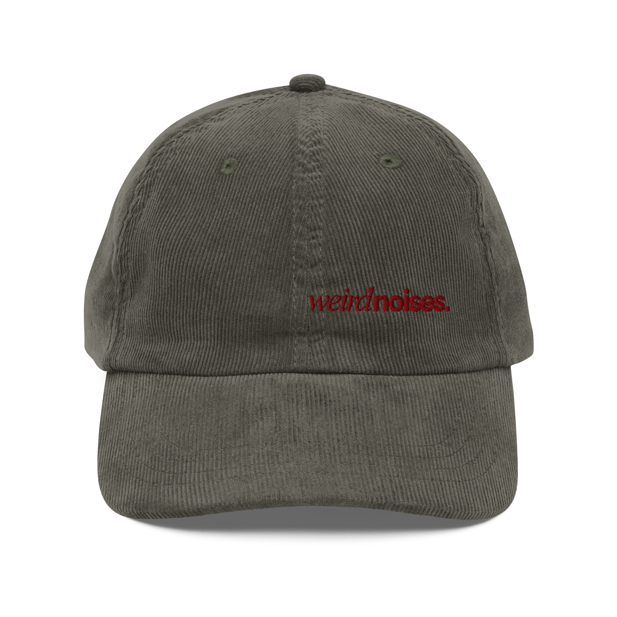 Thinking Cap - weird noises.' Olive Hat. Features the slogan embroidered in small red text on the front panel.