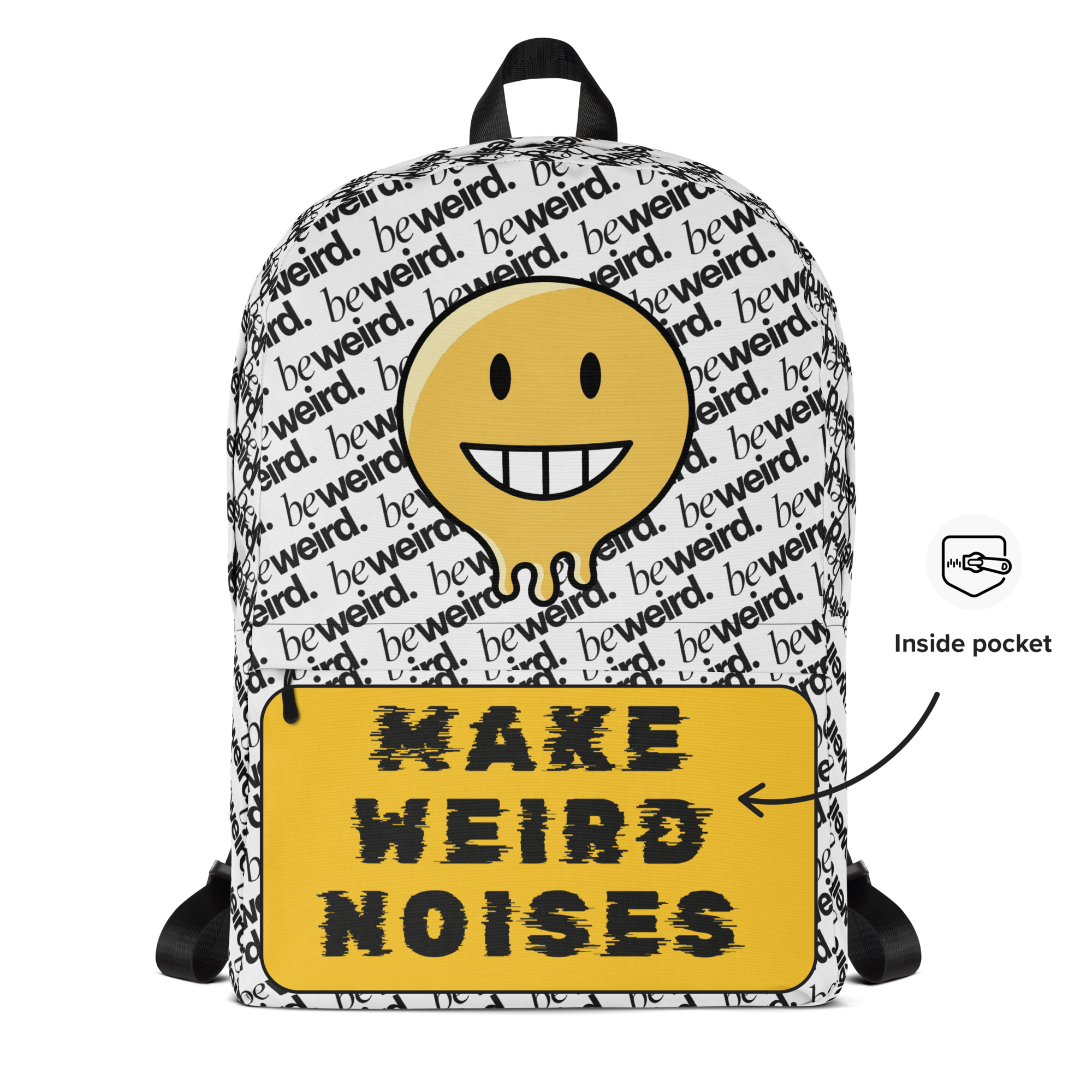 Backpack - Backpack feature shot illustrating the inside pocket. The pocket is yellow with black glitch text reading 'MAKE WEIRD NOISES'.