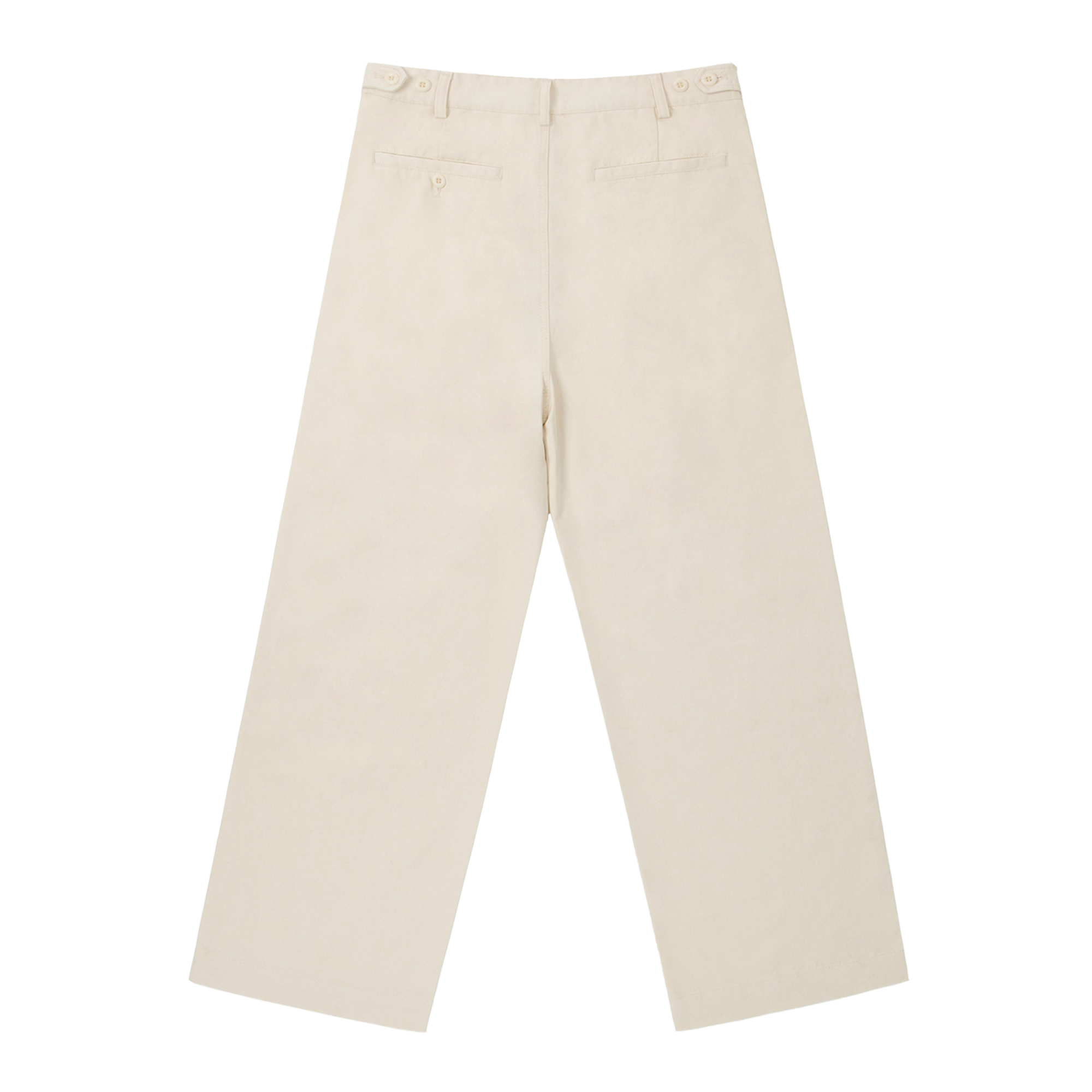 Pants Number One - Cream wide-leg trousers, back view. Features adjustable button-tabs on the waistband and two rear welt pockets.