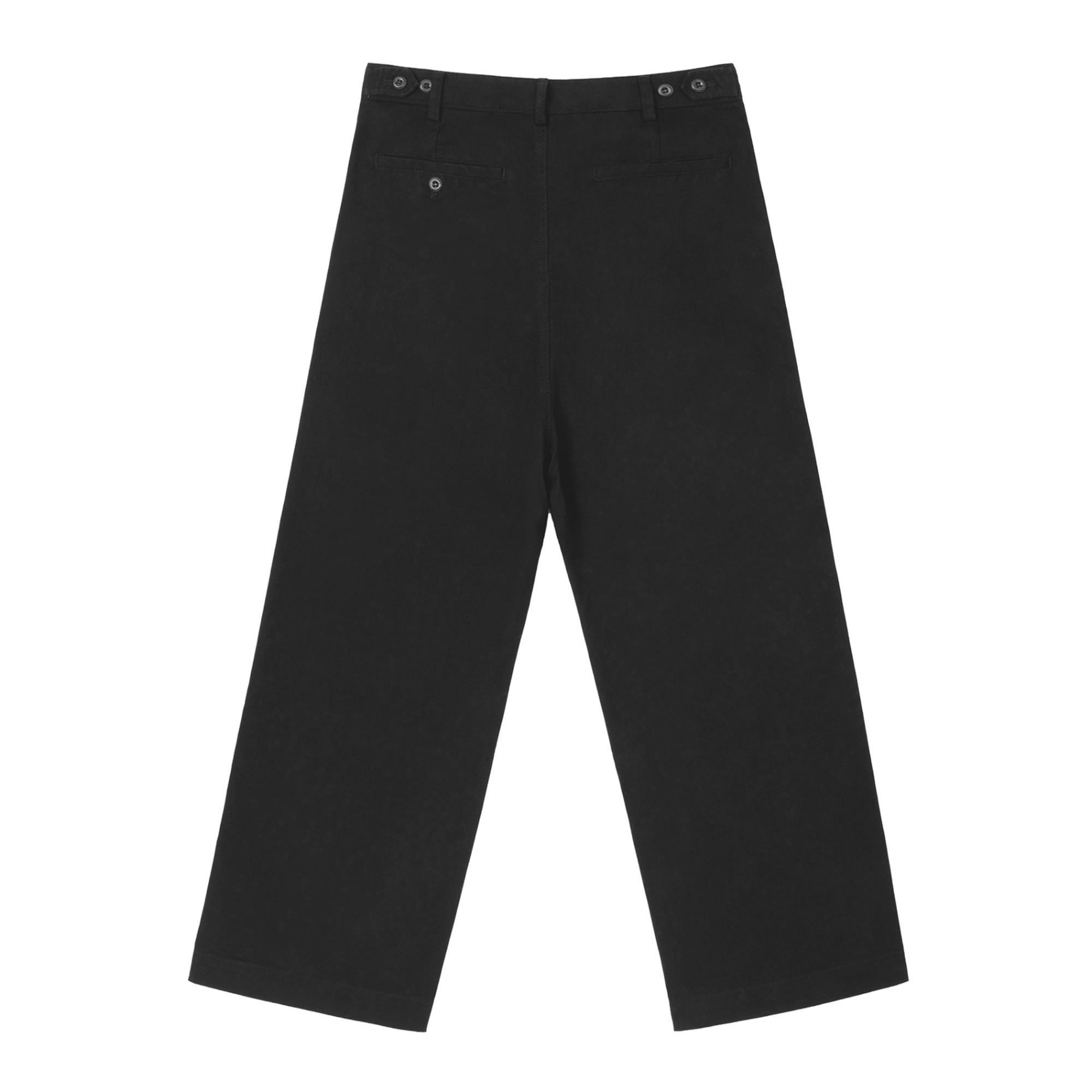 Pants Number One - Black wide-leg trousers, front view. Features a pleated front construction and a unique button-flap coin pocket at the waistband.