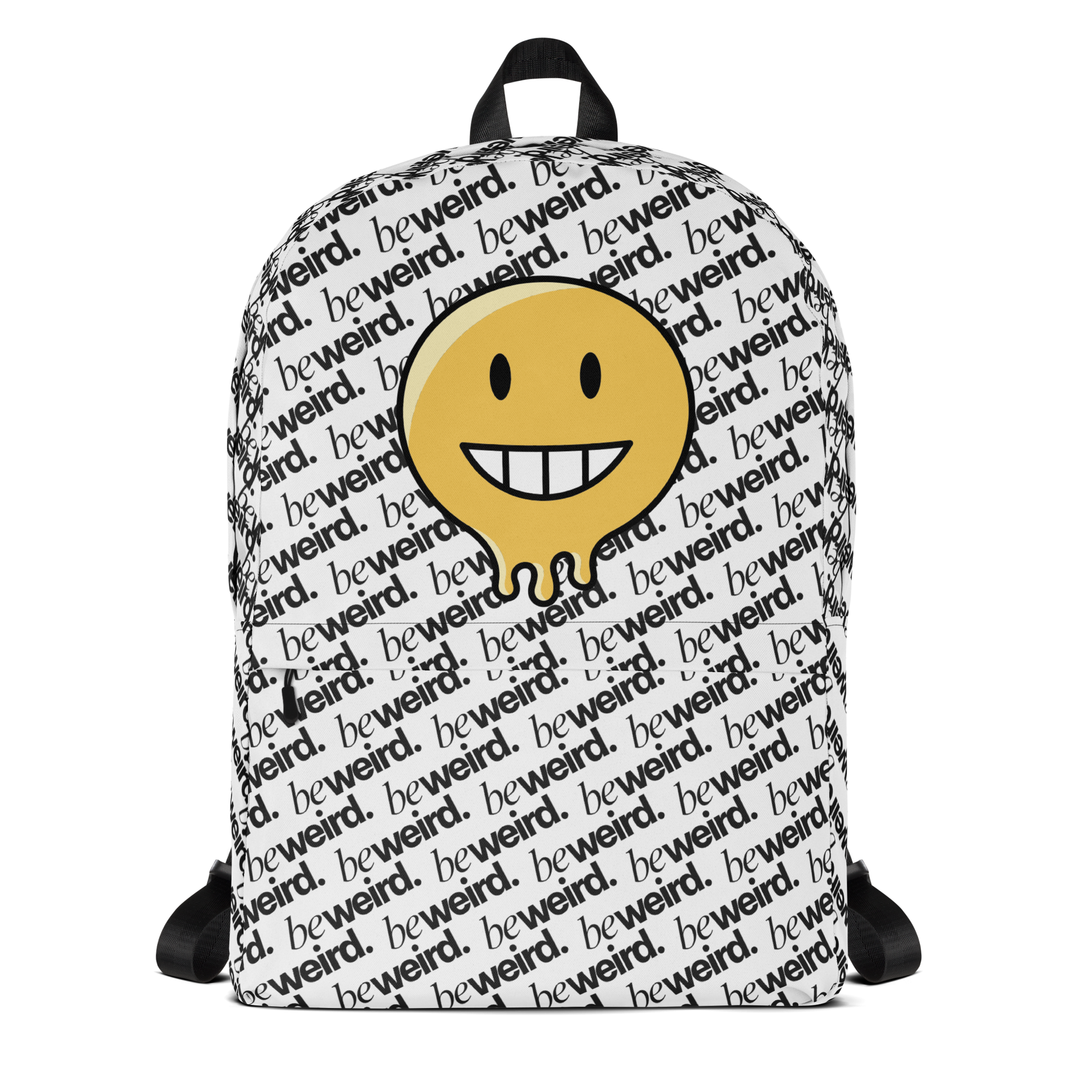 Backpack - Backpack featuring an all-over black-and-white 'beweird.' text pattern. A large yellow melting smiley face graphic is centered on the front.