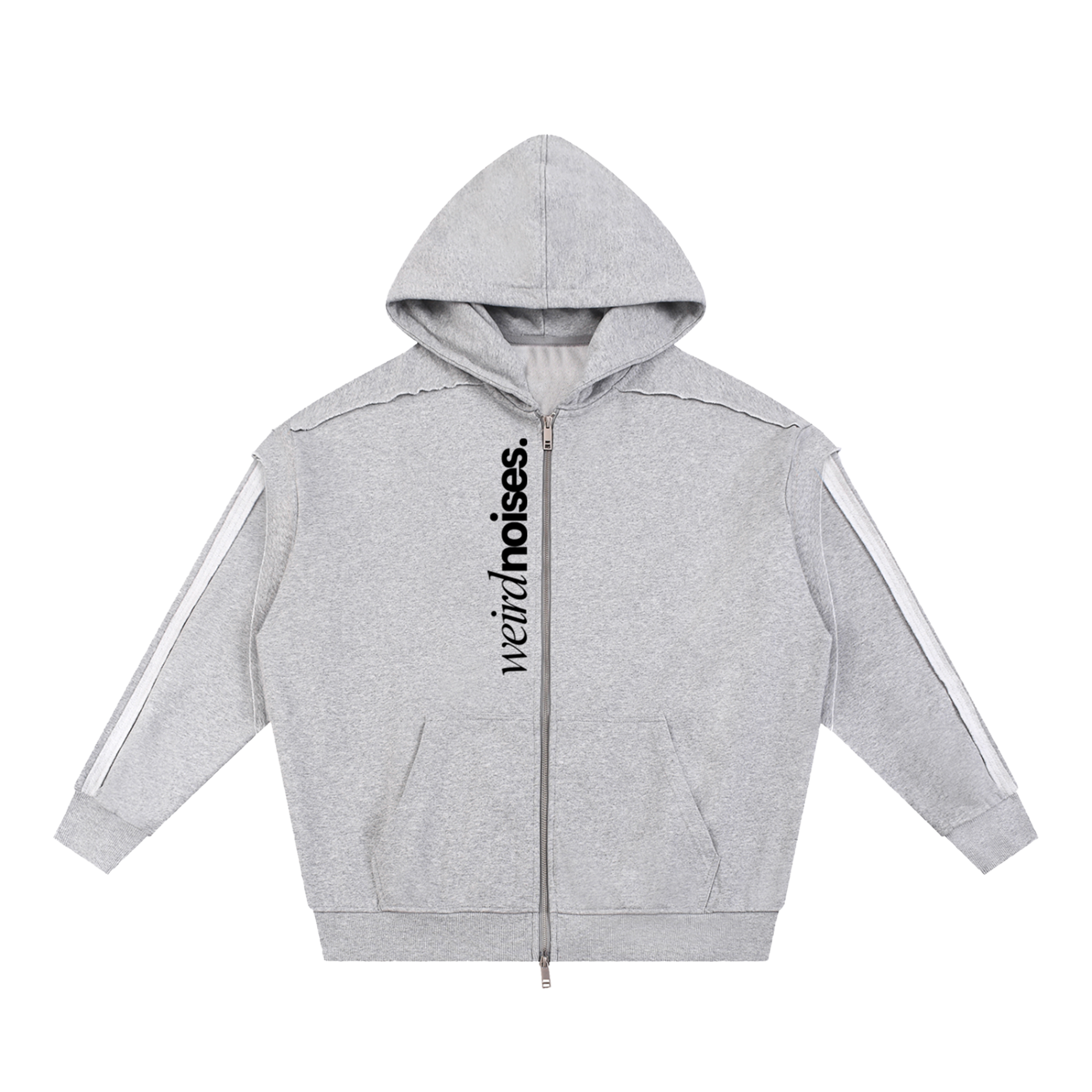 Hoodie Number Three - Make (Multiple Colors) - Grey zip-up hoodie, front view. Features white sleeve stripes and vertical black text along the zipper reading 'weird noises.'.