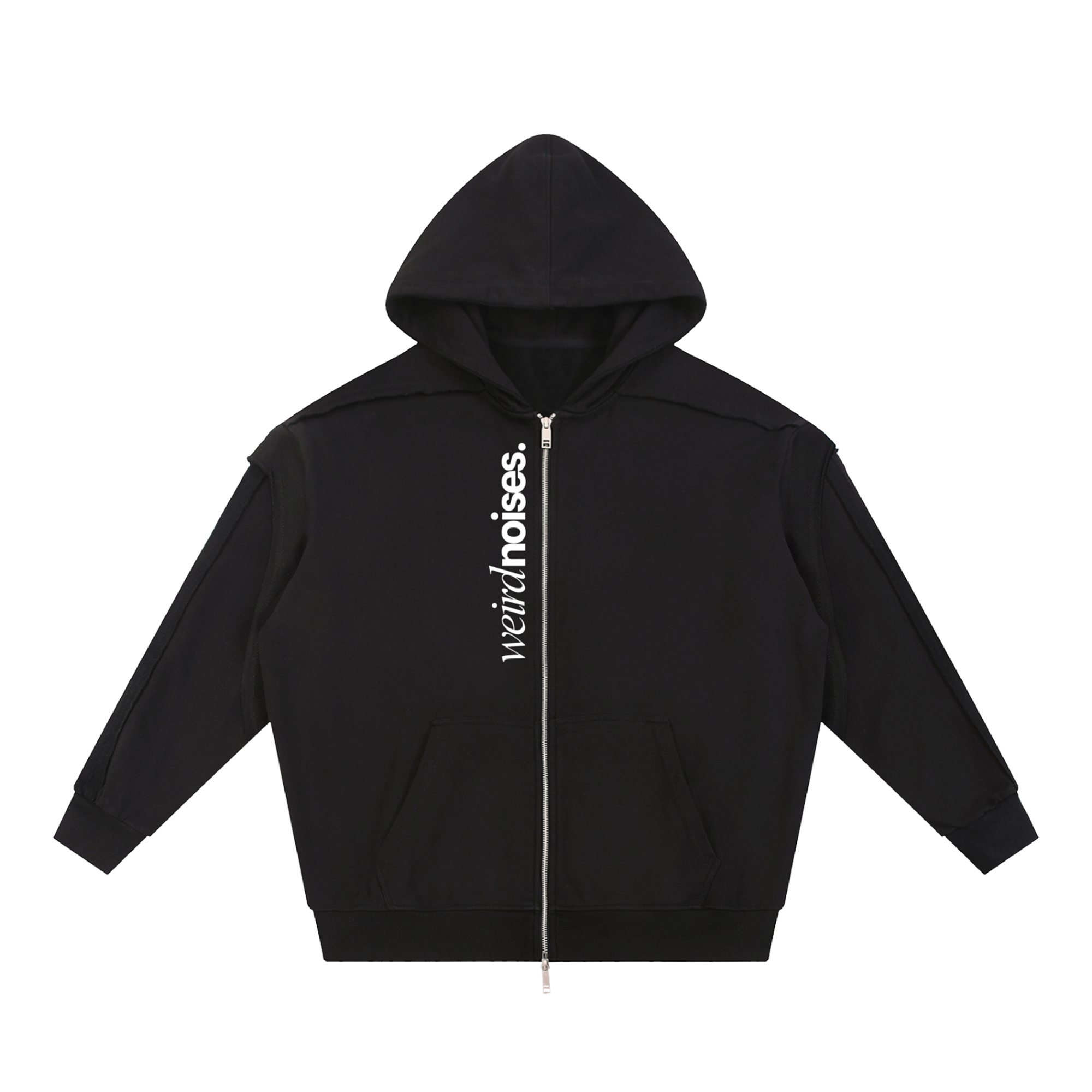 Hoodie Number Three - Make (Black/White) - Black zip-up hoodie, front view. Vertical white text printed along the zipper line reads 'weird noises.'.