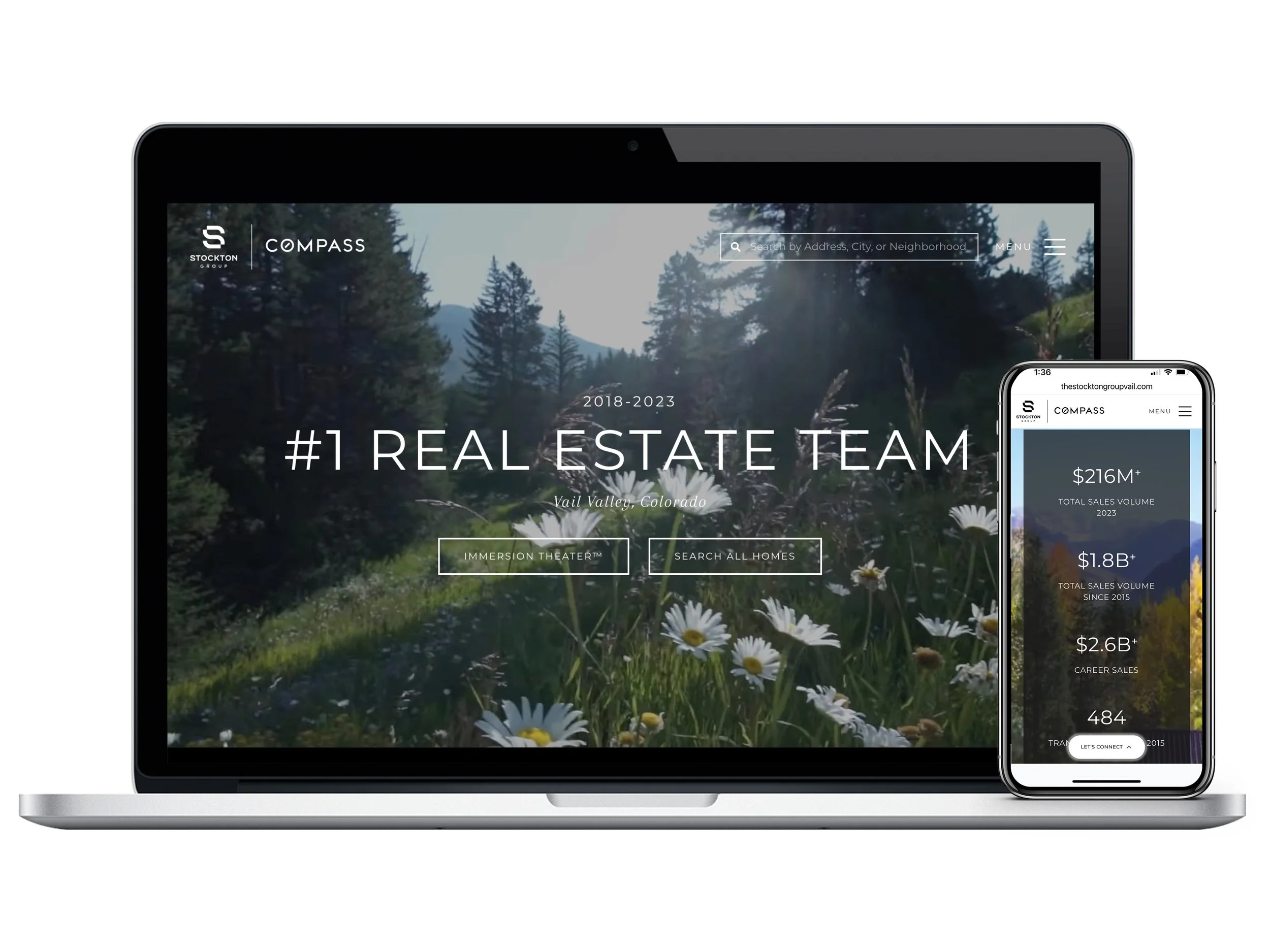 A laptop and smartphone display a real estate website with a nature background of trees and flowers in Vail Valley, Colorado.