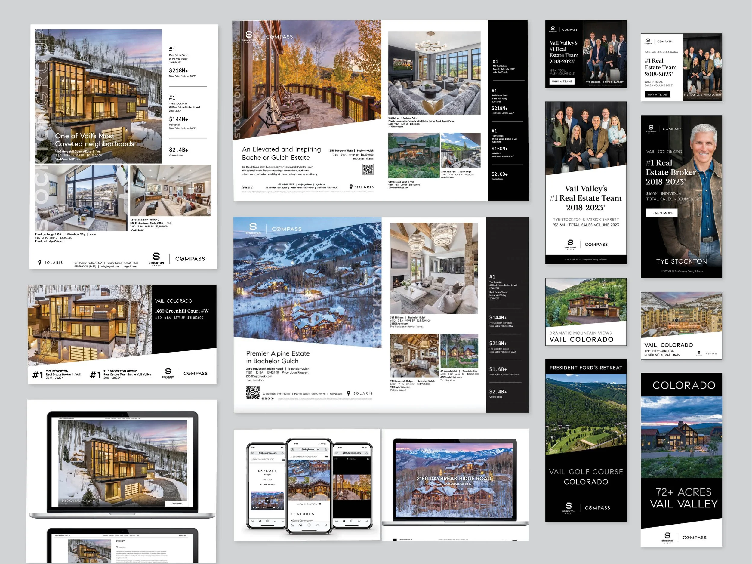 A collection of real estate marketing materials showcasing various homes and estates in Vail and Bachelor Gulch, Colorado, including photographs of properties for The Stockton Group all designed by Bari Wiens Marketing.