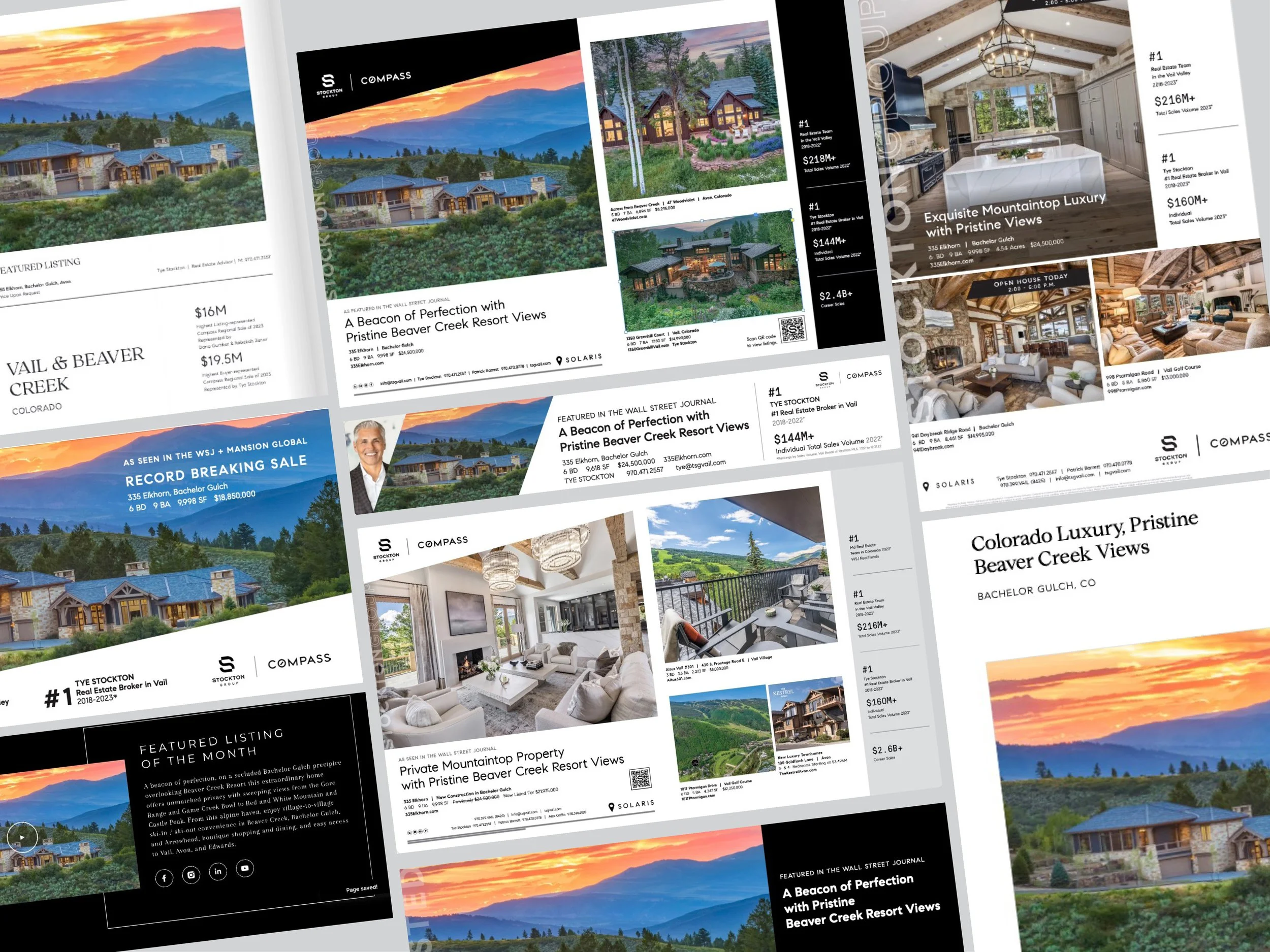Collage of real estate listings showcasing luxury homes, interior designs, and scenic mountain views in Colorado, with prices and descriptions.
