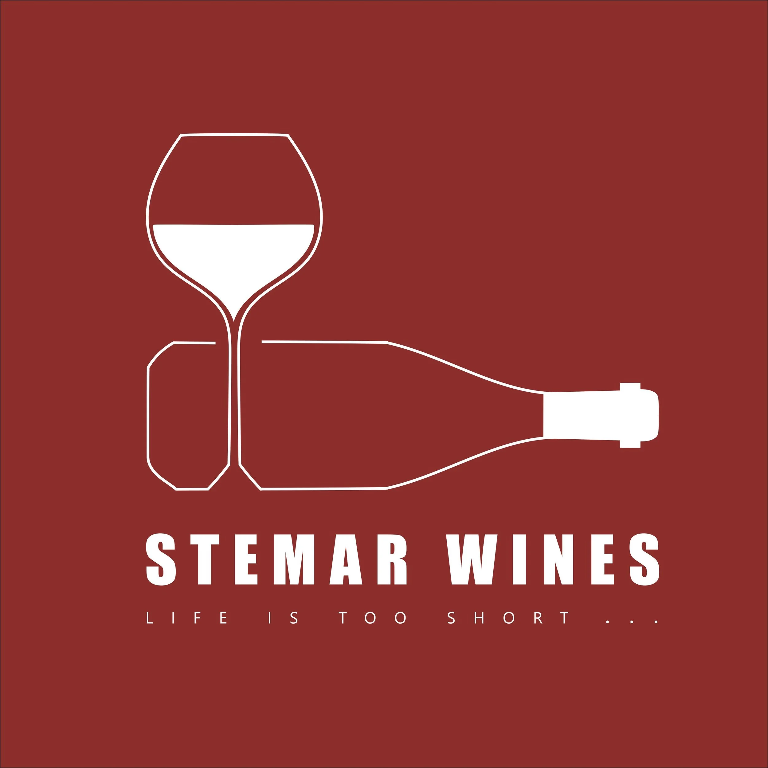 Minimalist line drawing of a wine glass, bottle, and corkscrew on a red background with text ‘Stemar Wines’ and slogan ‘Life is too short…’”