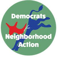 Logo with green circle background, featuring silhouettes of a red dog and a blue cat facing each other, with the words 'Democrats Neighborhood Action' around them.