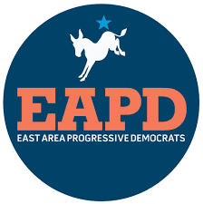 Logo of the East Area Progressive Democrats (EAPD) featuring a white donkey with a star on its back and the word 'EAPD' in large orange letters, set against a blue circular background.