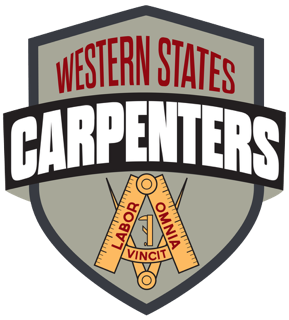 A shield-shaped logo for Western States Carpenters union with a banner reading 'Carpenters,' a carpenter's square and level, and the words 'Labor Omnia Vincit'.