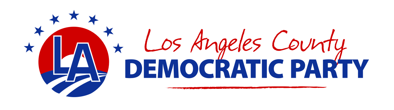 Logo of Los Angeles County Democratic Party, featuring a blue circle with red background, white stars, and 'LA' letters, with 'Los Angeles County' in red handwritten text and 'DEMOCRATIC PARTY' in bold blue capital letters.