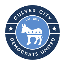 Logo for Culver City Democrats United, established in 2023, featuring a donkey with stars on its body in a circular design with the text around it.