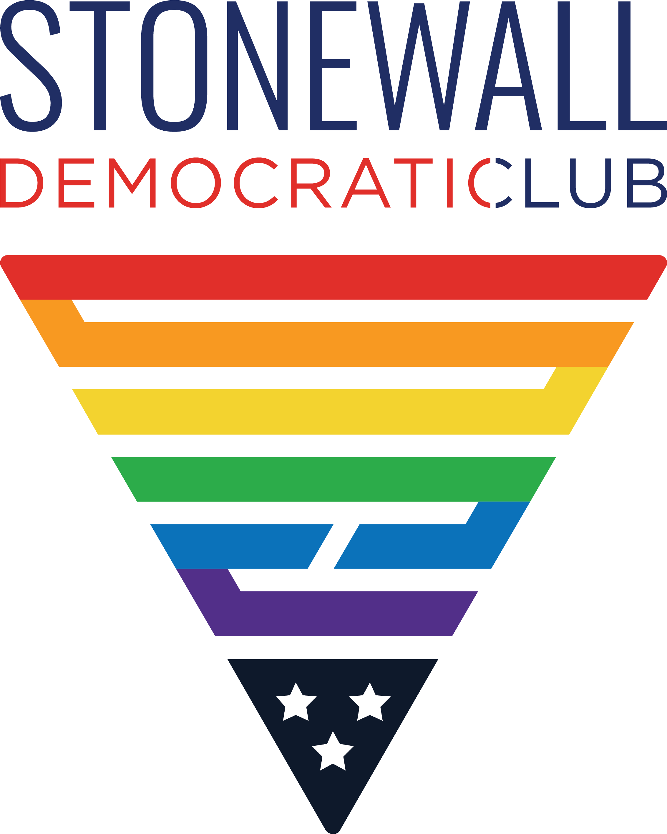 The logo of the Stonewall Democratic Club, featuring a stylized downward-pointing triangle with alternating colorful bars and white stars at the bottom, and the text 'Stonewall Democratic Club' in bold font at the top.