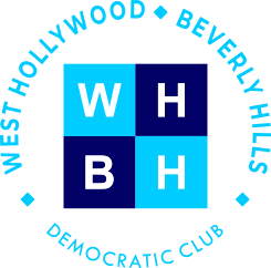 Logo of the West Hollywood Beverly Hills Democratic Club featuring blue squares with 'W', 'H', 'B', 'H' and circular text around that reads 'West Hollywood Beverly Hills Democratic Club'.