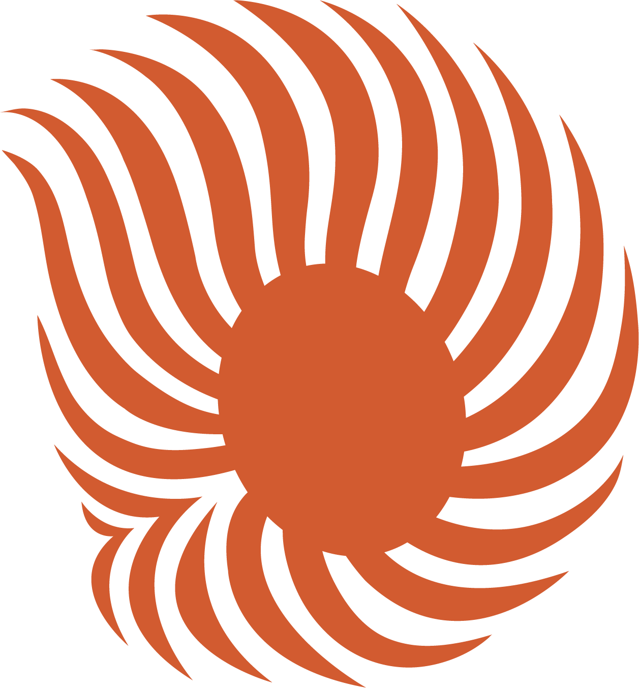 An abstract graphic design of a sun with radiating curved lines in a reddish-orange color on a green background.