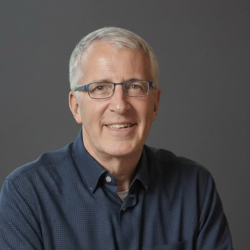 A middle-aged man with gray hair and glasses wearing a dark blue button-up shirt, smiling against a gray background.