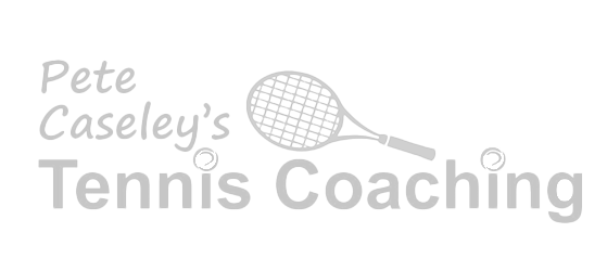 Logo for Pete Caseley's Tennis Coaching featuring text and a tennis racket graphic on a black background.