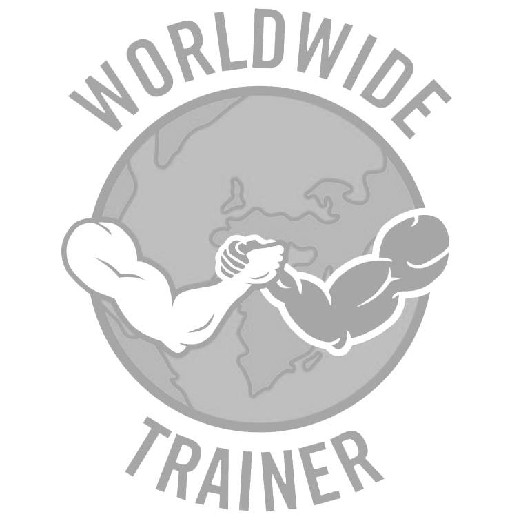 A graphic logo featuring a globe with two muscular arms performing a handshake, with the words 'Worldwide Trainer' above and below.