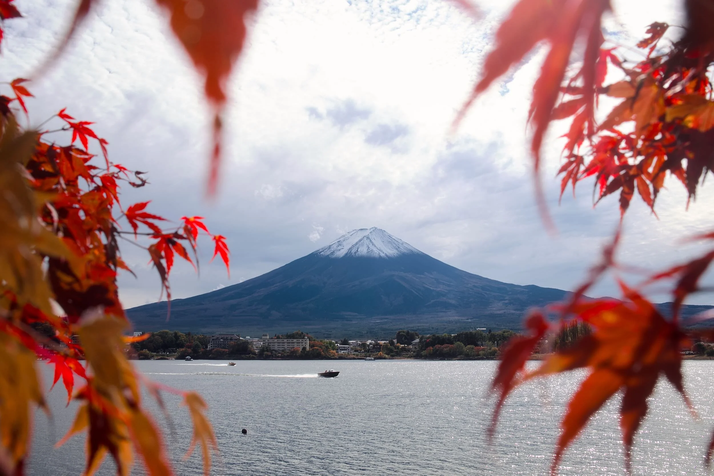 View of Mount Fuji through red autumn leaves with a body of water and boats in the foreground.