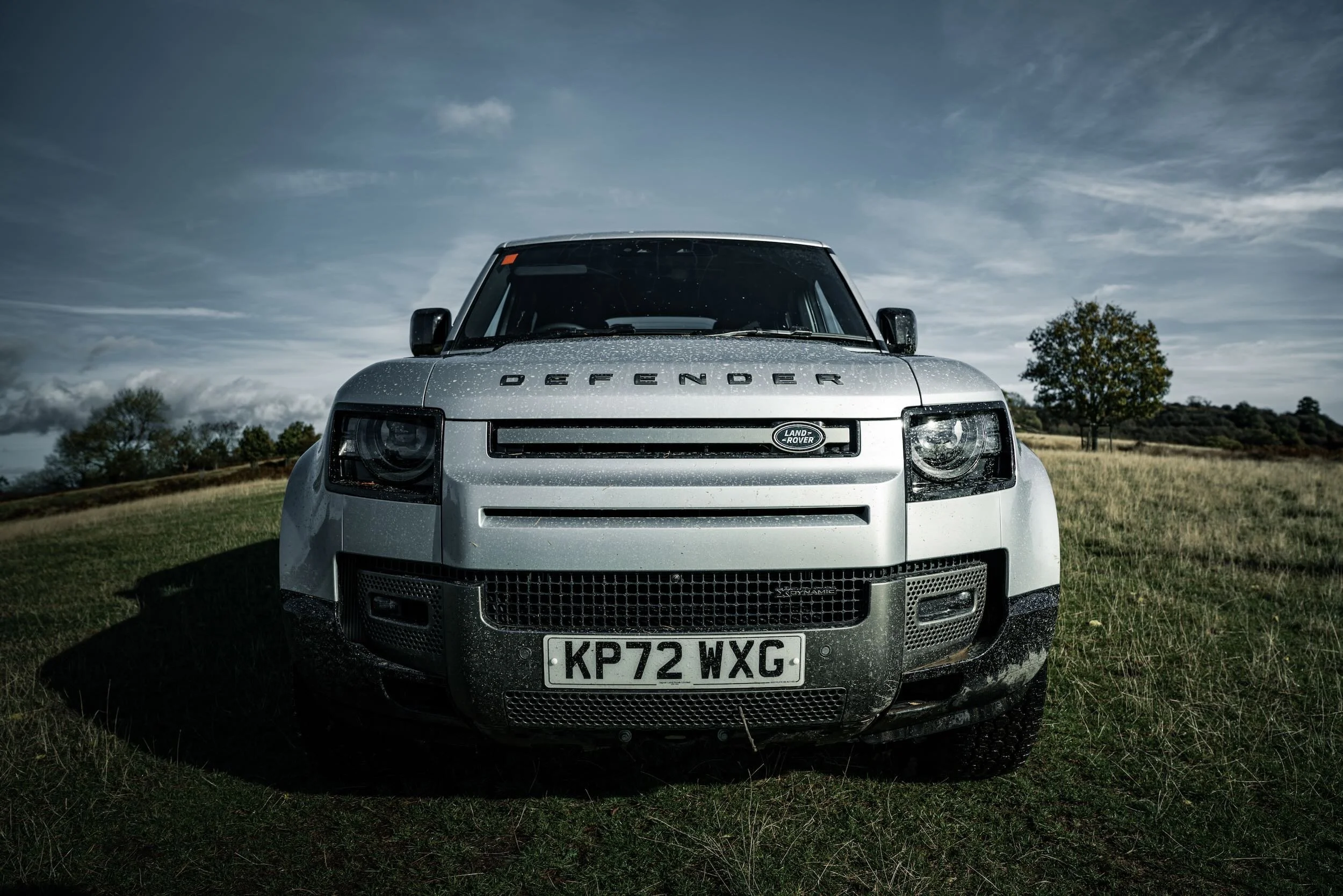 Front view of a silver Land Rover Defender parked on grass with a cloudy sky and trees in the background.