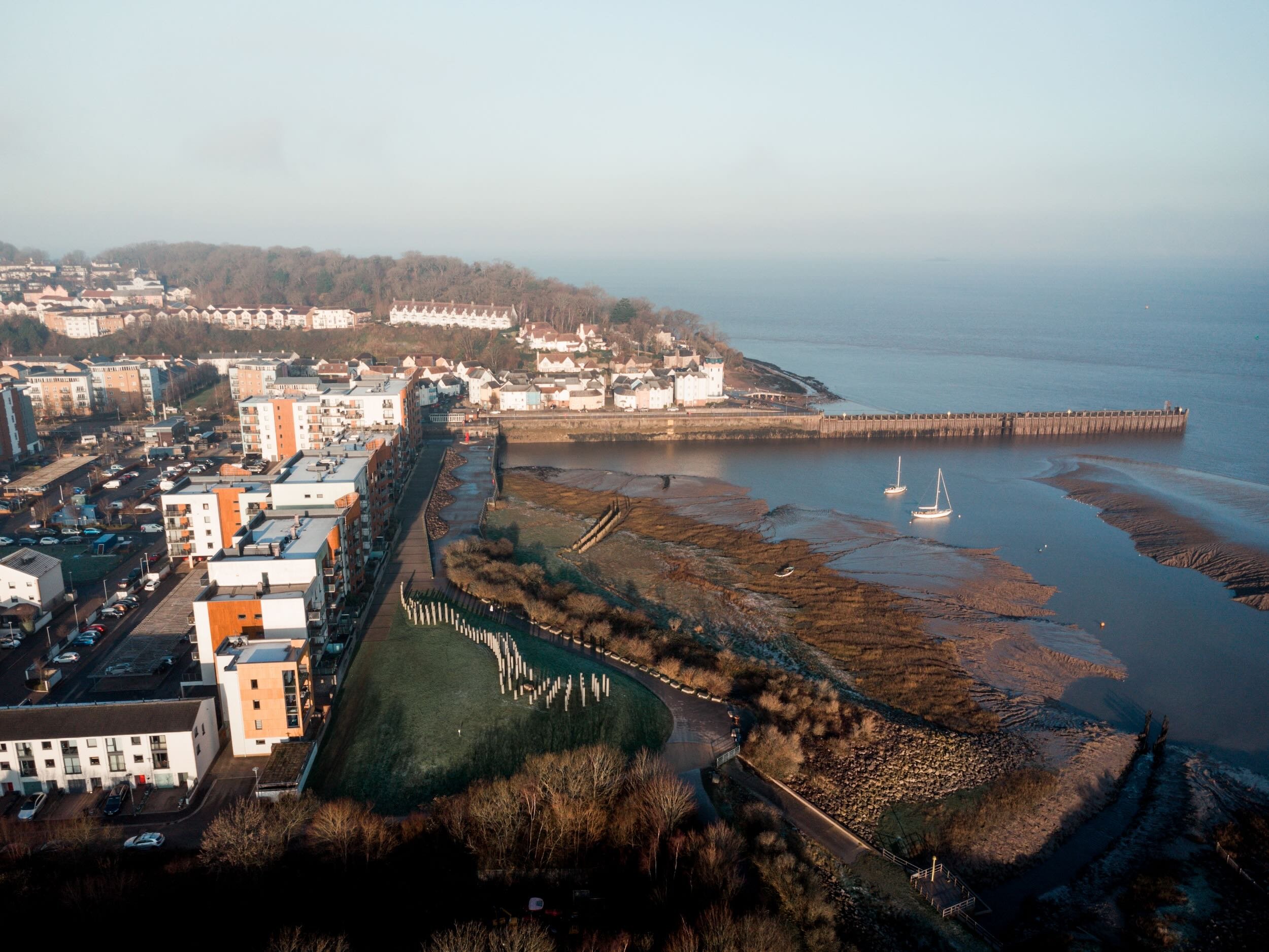 A coastal town with residential buildings, a harbor with moored boats, a breakwater, and a hillside with houses and trees near the ocean.