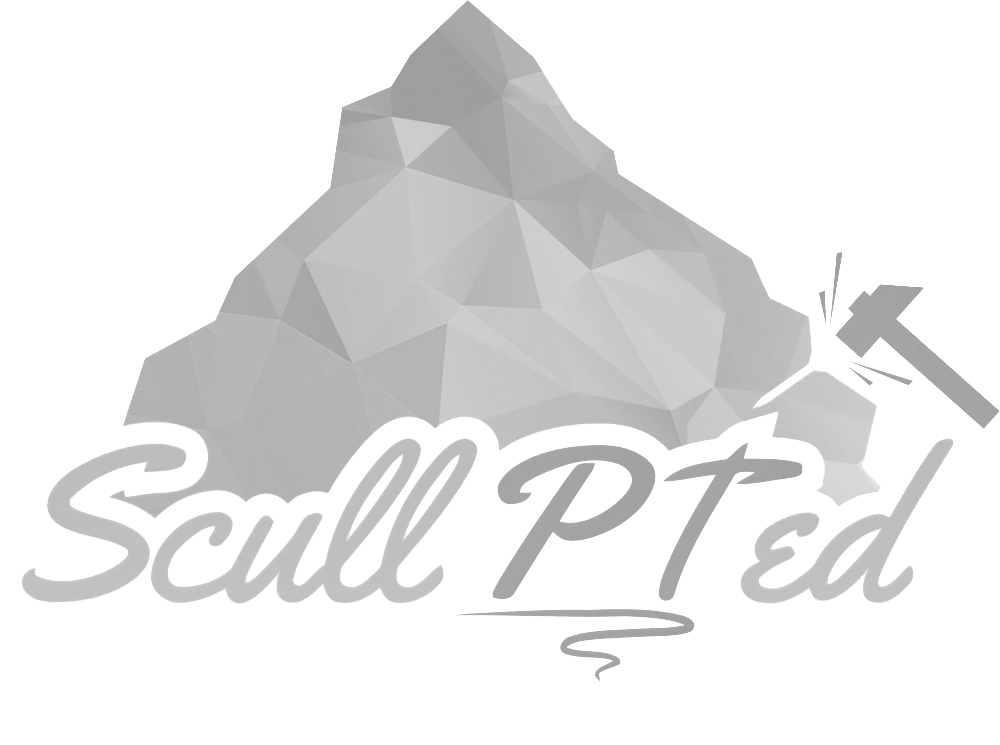 A low-poly grayscale mountain with the phrase 'Skull Pted' written in stylized script across it.