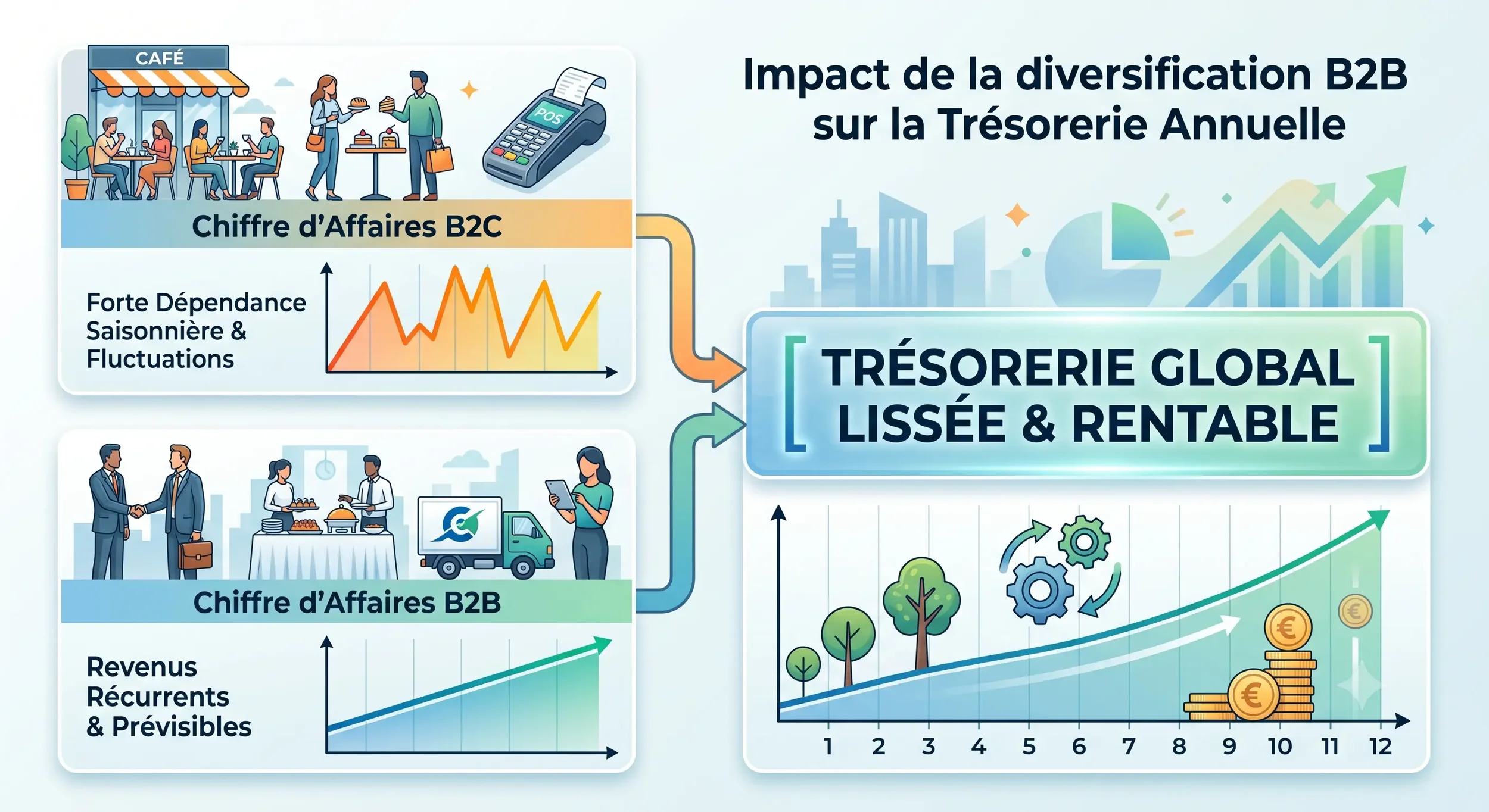 Infographie montrant l'impact de la diversification B2B sur la trésorerie annuelle d'un établissement F&B, combinant les fluctuations du chiffre d'affaires B2C et la récurrence des revenus B2B pour obtenir une trésorerie globale lissée.
