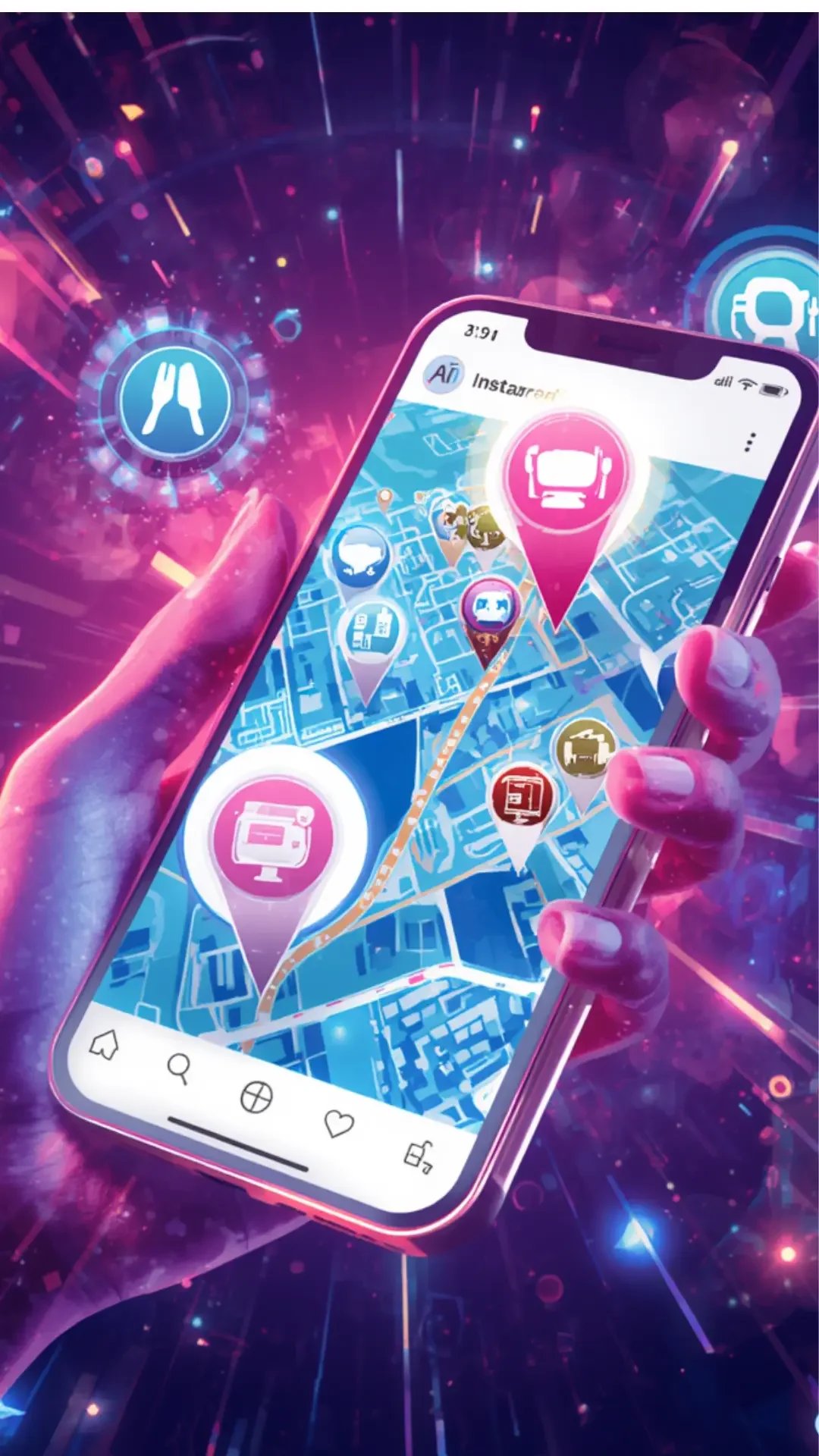 Illustration d'une main tenant un smartphone affichant une carte interactive avec des icônes de restaurants, symbolisant la recherche locale par IA et le SEO pour les enseignes F&B.