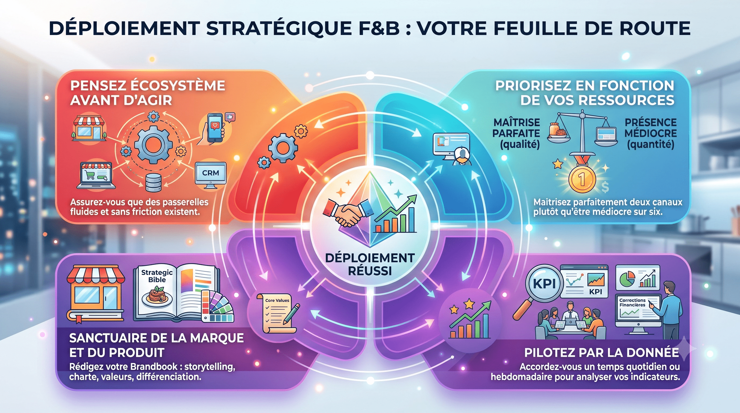 Infographie présentant la feuille de route du déploiement stratégique F&B axée sur 4 axes : vision écosystémique, priorisation des ressources, sanctuaire de marque et pilotage par la donnée (KPI).