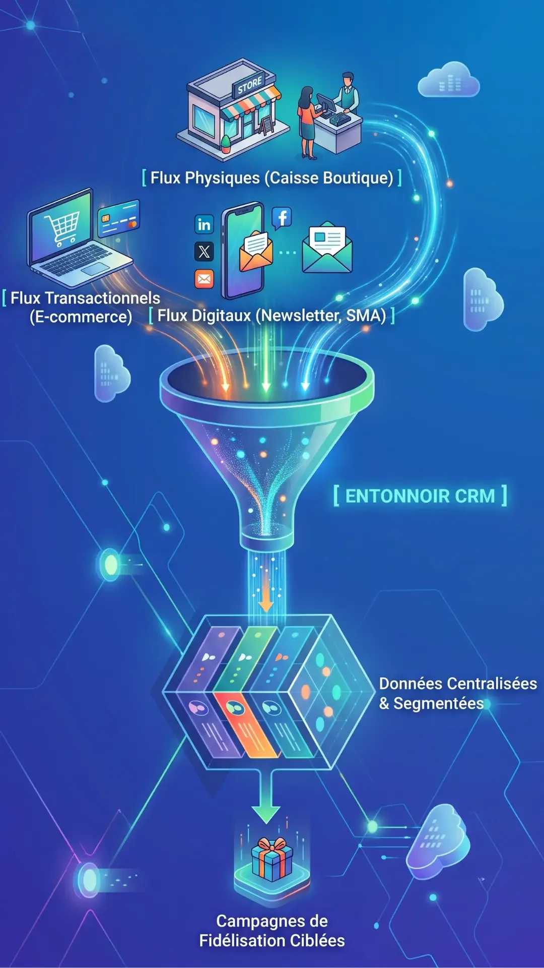 Schéma infographie au format vertical présentant le flux omnicanal de centralisation des données : conversion des flux physiques, digitaux et e-commerce vers l'entonnoir CRM pour des campagnes de fidélisation ciblées F&B.