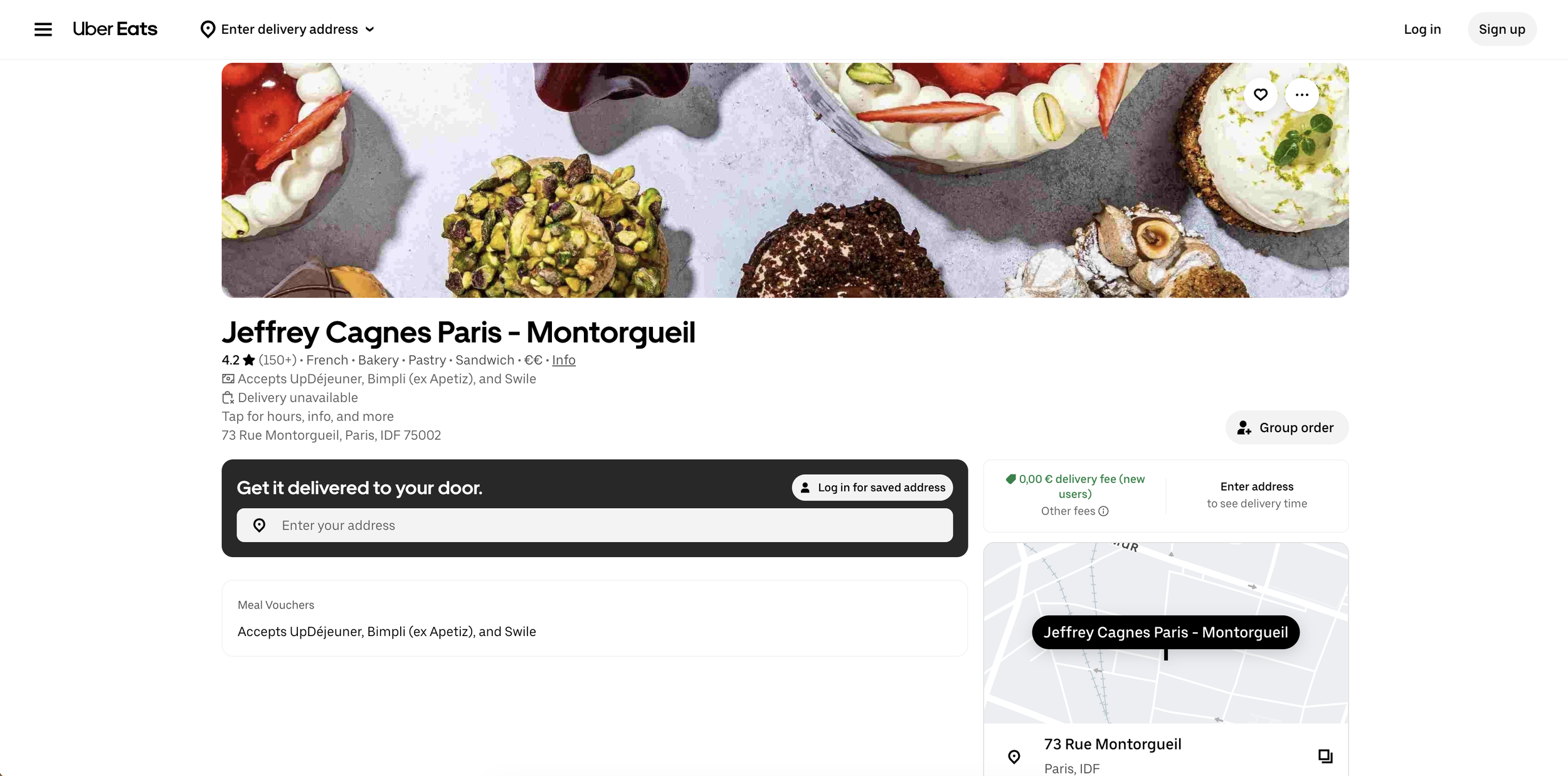 Interface de l'application Uber Eats affichant la boutique Jeffrey Cagnes Paris - Montorgueil dans le cadre d'une campagne marketing in-app exclusive.