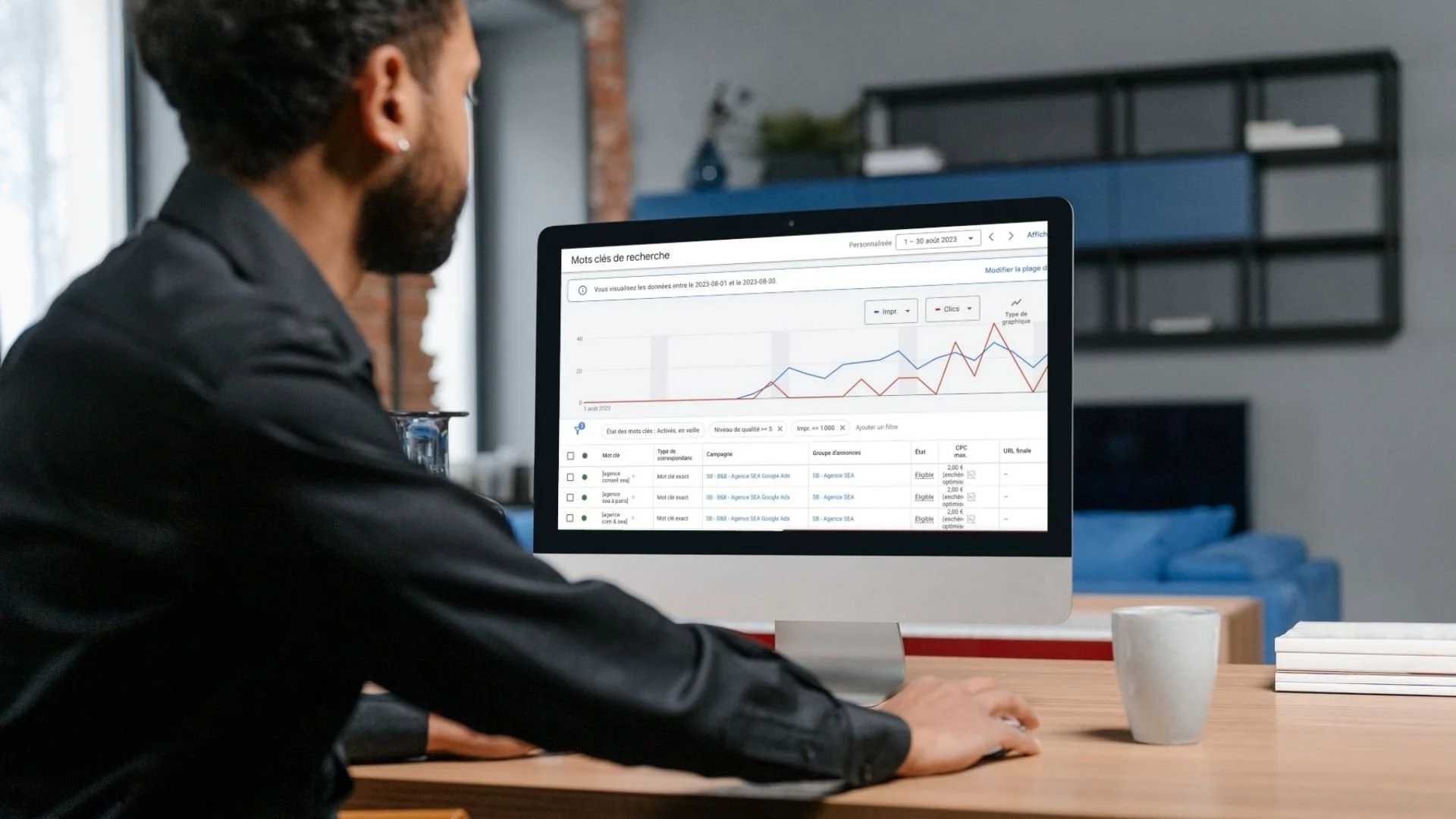 Un homme de dos travaillant sur un ordinateur de bureau affichant un tableau de bord de statistiques, de graphiques de performance SEO et de mots-clés Google Ads.