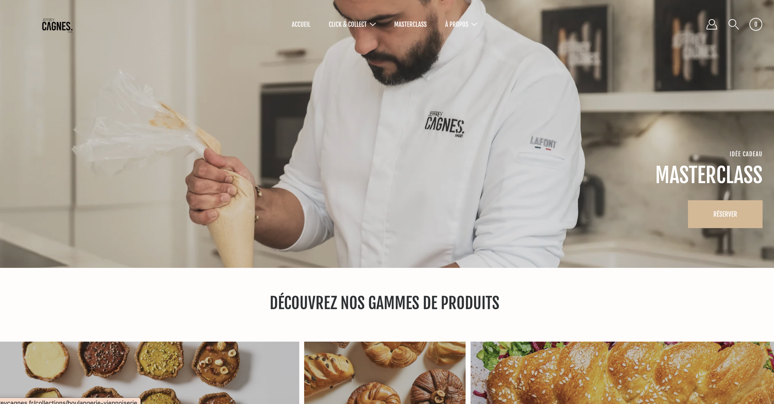 Capture d'écran du site marchand e-commerce de Jeffrey Cagnes permettant la vente de pâtisseries en Click and Collect et la réservation de masterclass.