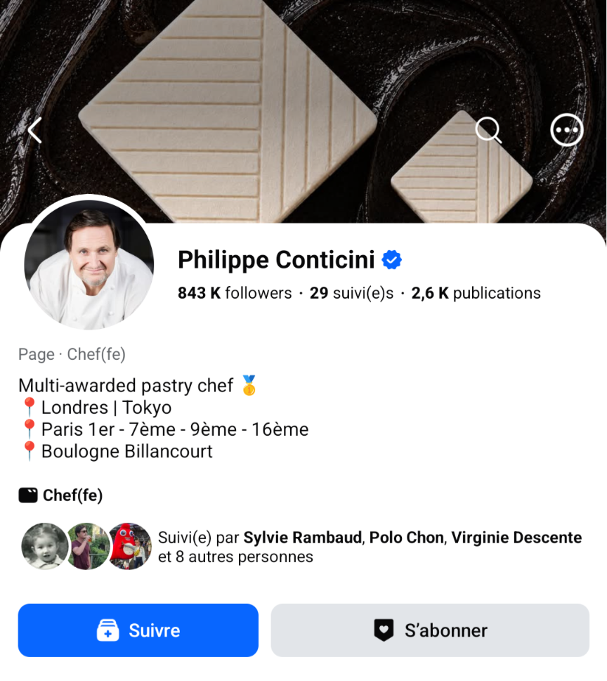 Page Facebook officielle du chef pâtissier Philippe Conticini, illustrant la gestion globale de la communication digitale, des relations presse et des shootings.