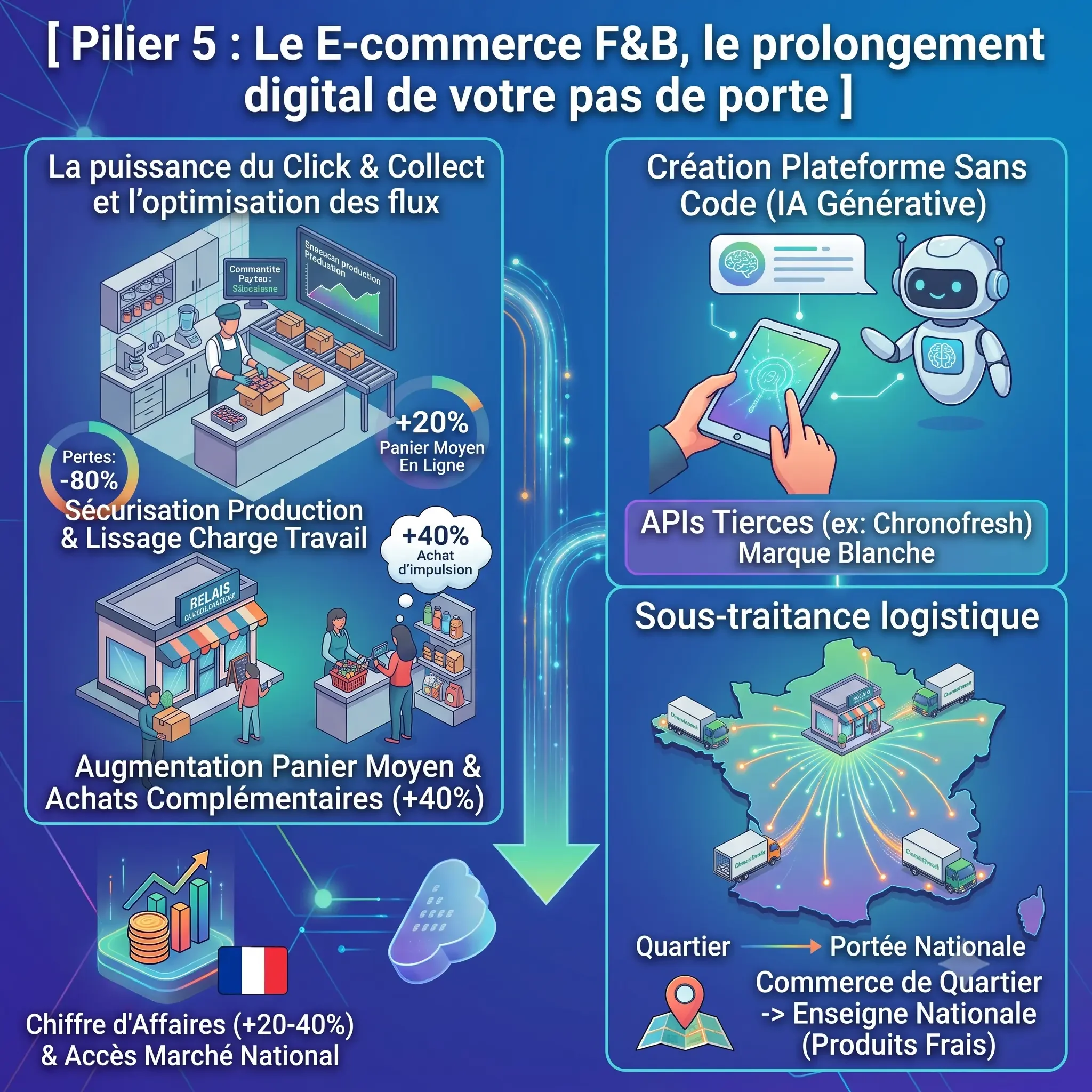 Infographie verticale détaillant la centralisation des flux physiques, digitaux et e-commerce vers un entonnoir CRM pour piloter les campagnes de fidélisation d'une enseigne F&B.