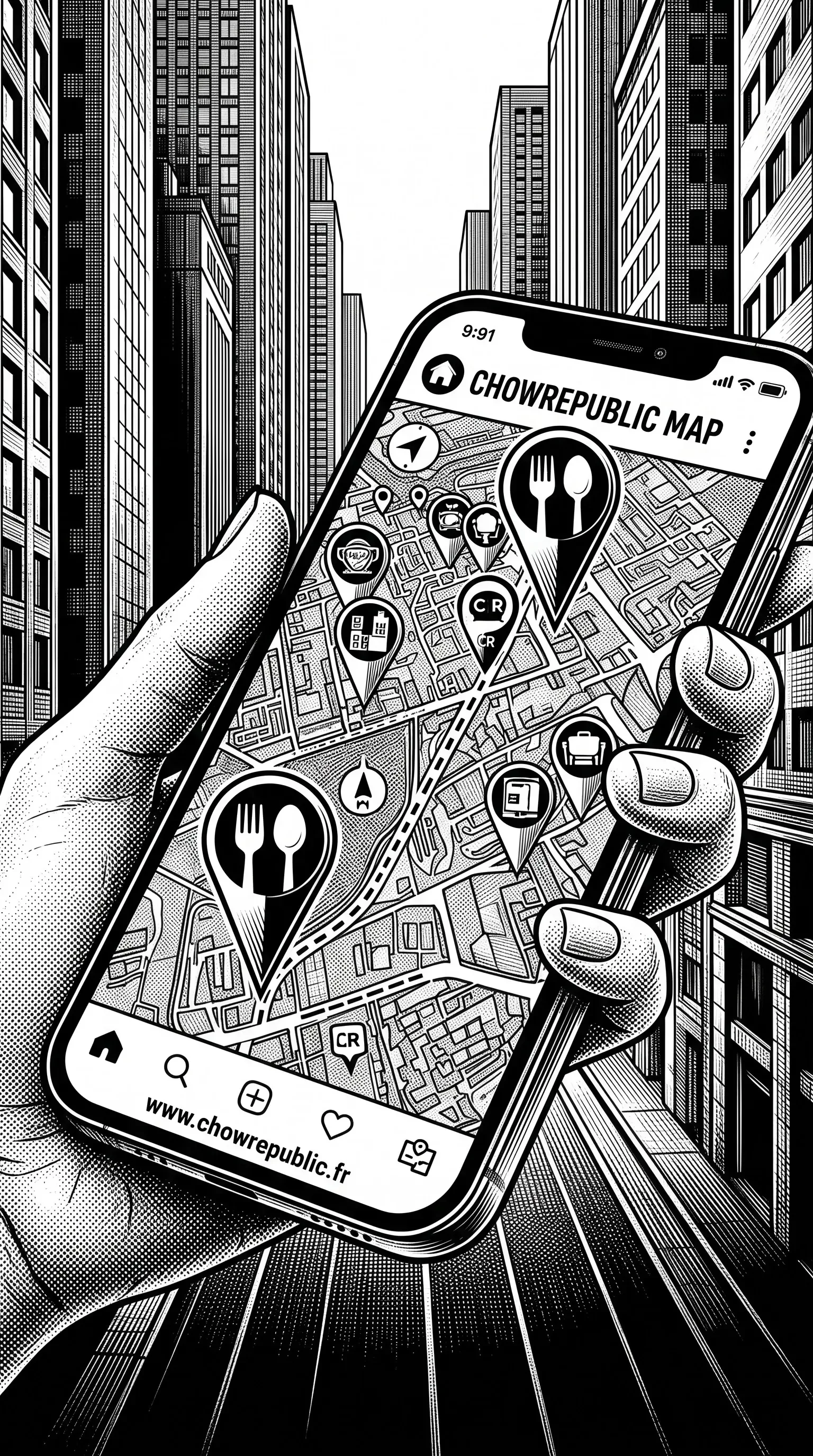 Illustration en noir et blanc pour Chow Republic montrant une main qui tient un smartphone affichant une carte numérique géolocalisée avec des repères de restaurants pour le pilier digital F&B.