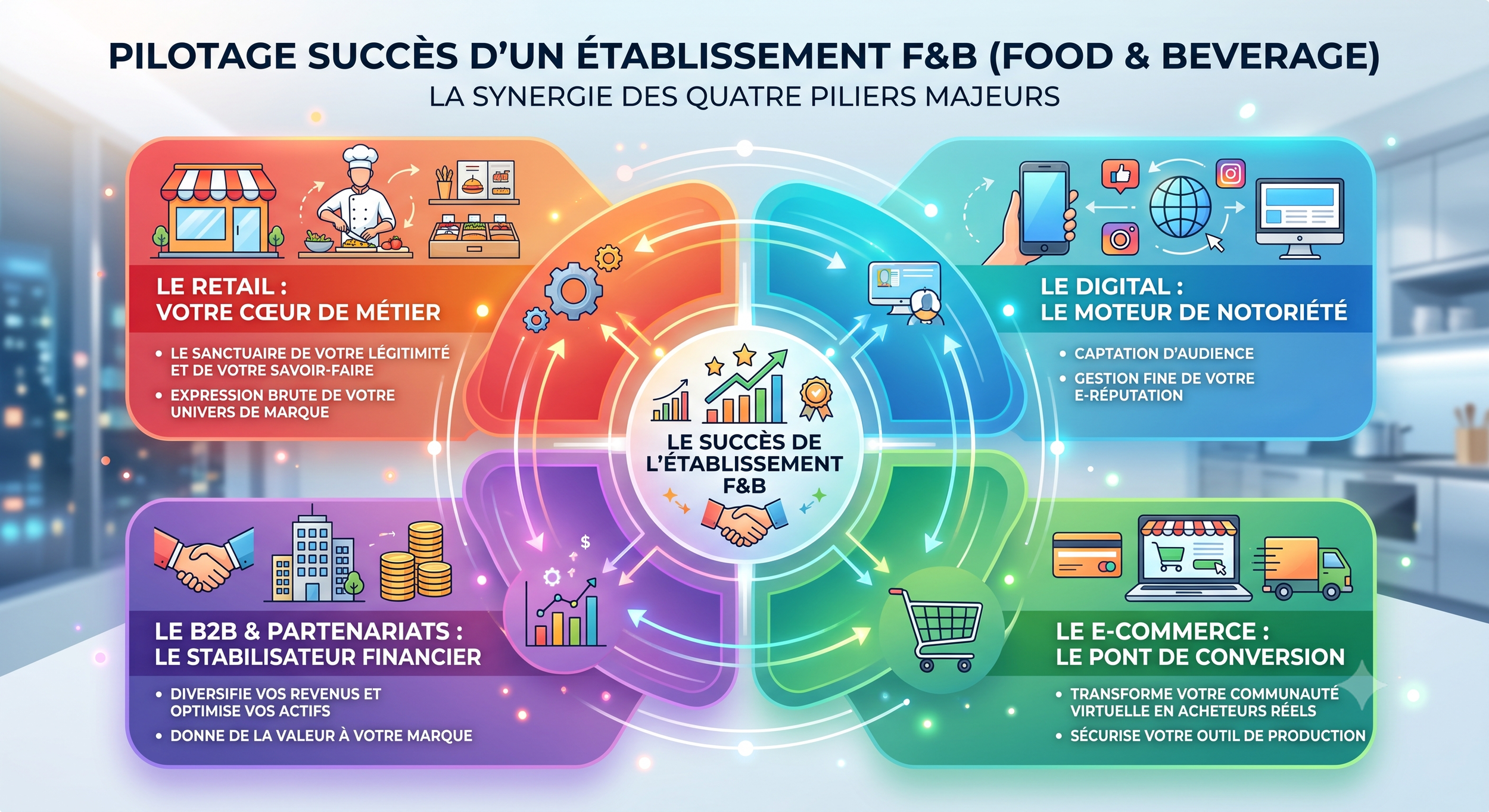 Schéma de synthèse illustrant la synergie des quatre piliers majeurs pour le pilotage d'un établissement F&B : le Retail, le Digital, le E-commerce et le B2B & Partenariats.