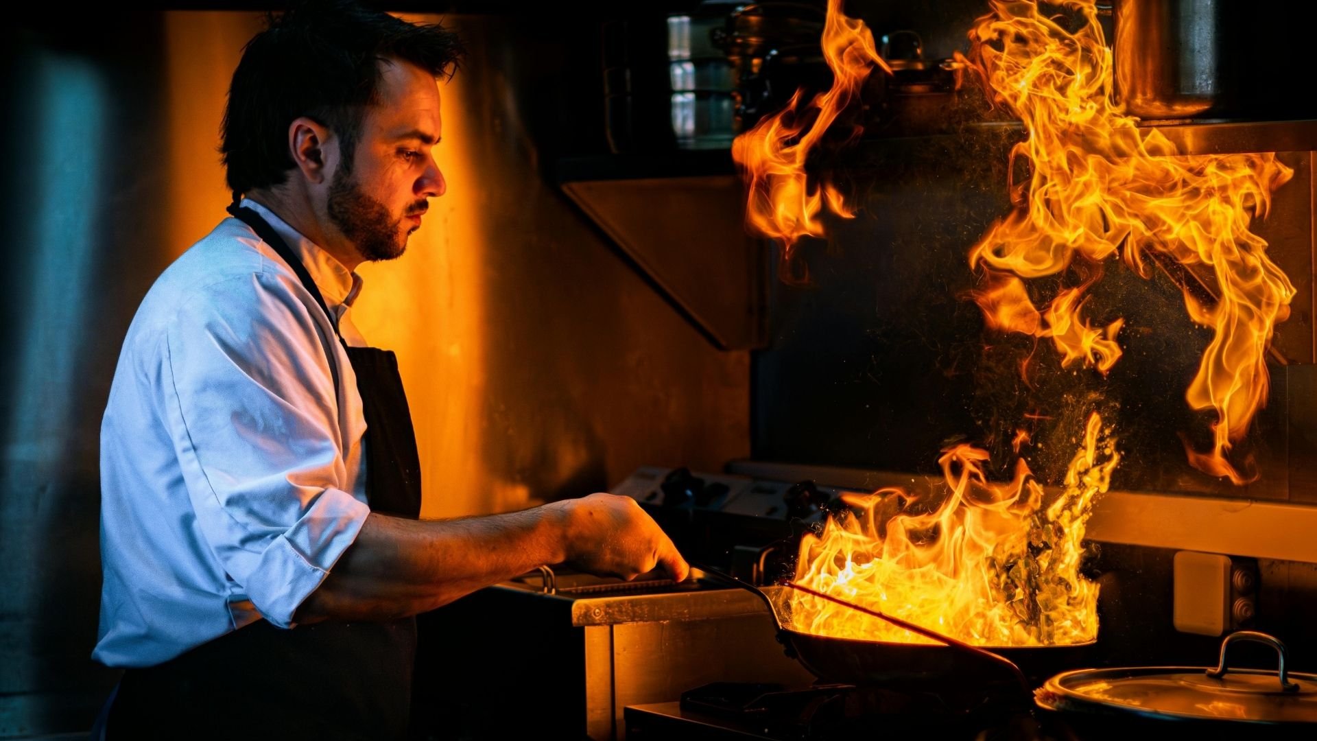 Un chef cuisinier de profil manipulant une poêle en cuisine professionnelle d'où s'échappent de grandes flammes de cuisson spectaculaires.
