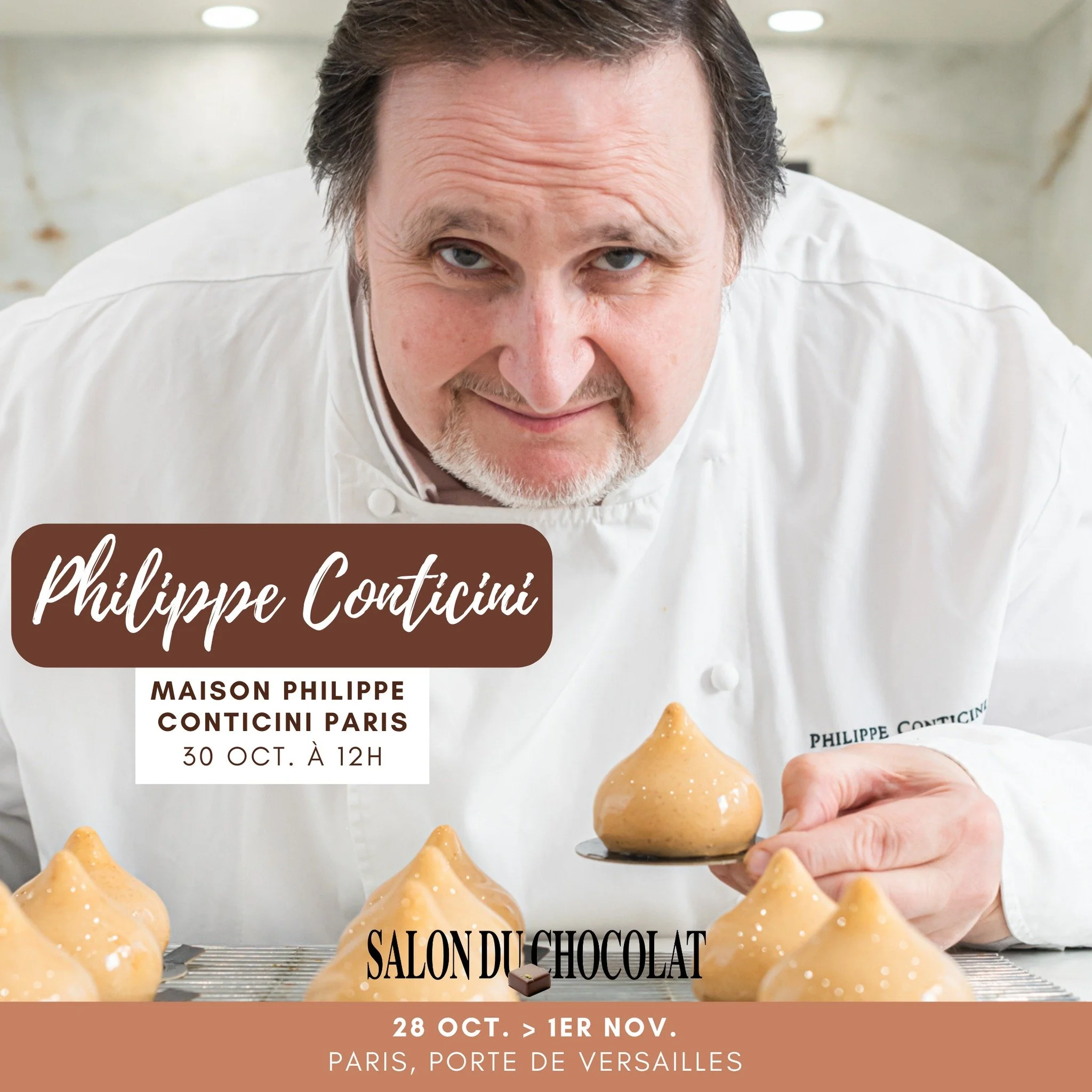 Affiche promotionnelle montrant le chef Philippe Conticini présentant ses créations chocolatées exclusives pour la 25ème édition du Salon du Chocolat.