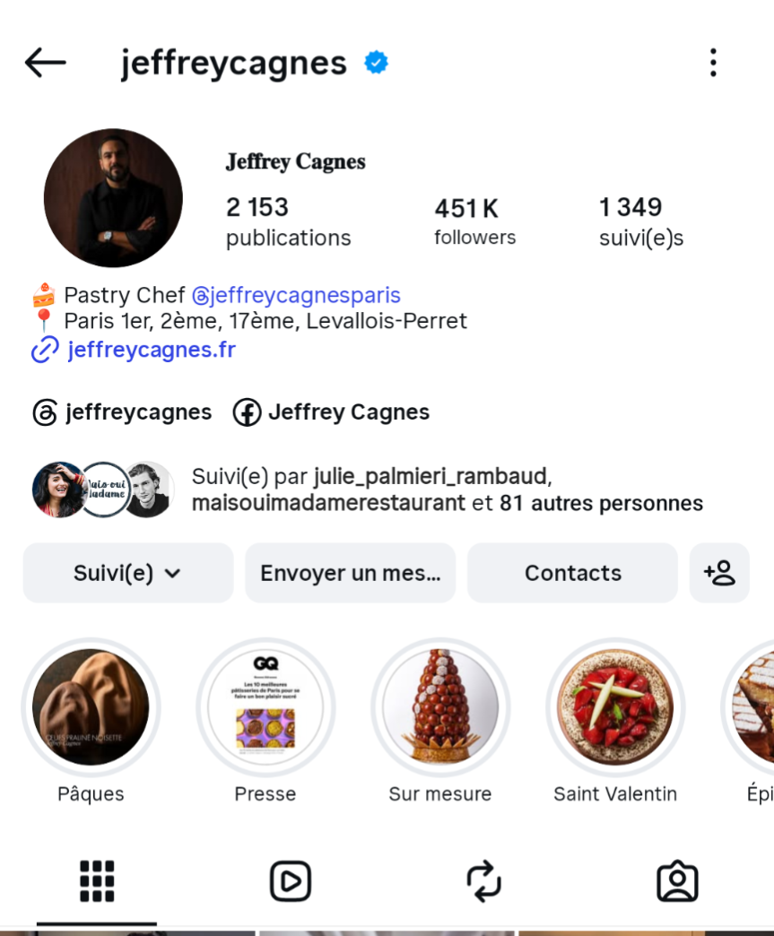 Aperçu du compte Instagram officiel certifié de Jeffrey Cagnes, piloté au quotidien par l'équipe social media de l'agence (calendrier éditorial, tournages vidéo et photos).