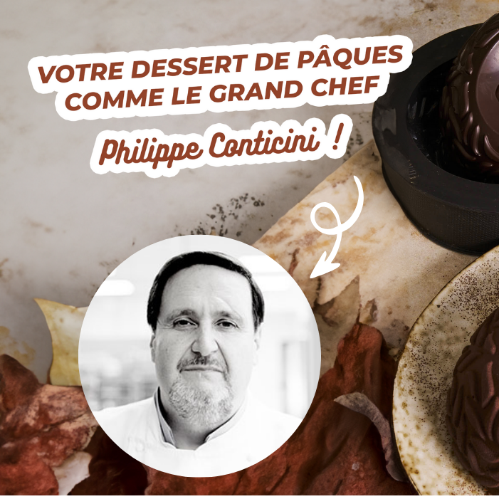 Portrait du grand chef Philippe Conticini associé à la création d'un moule à gâteau exclusif pour Pâques avec la marque Guy Demarle.