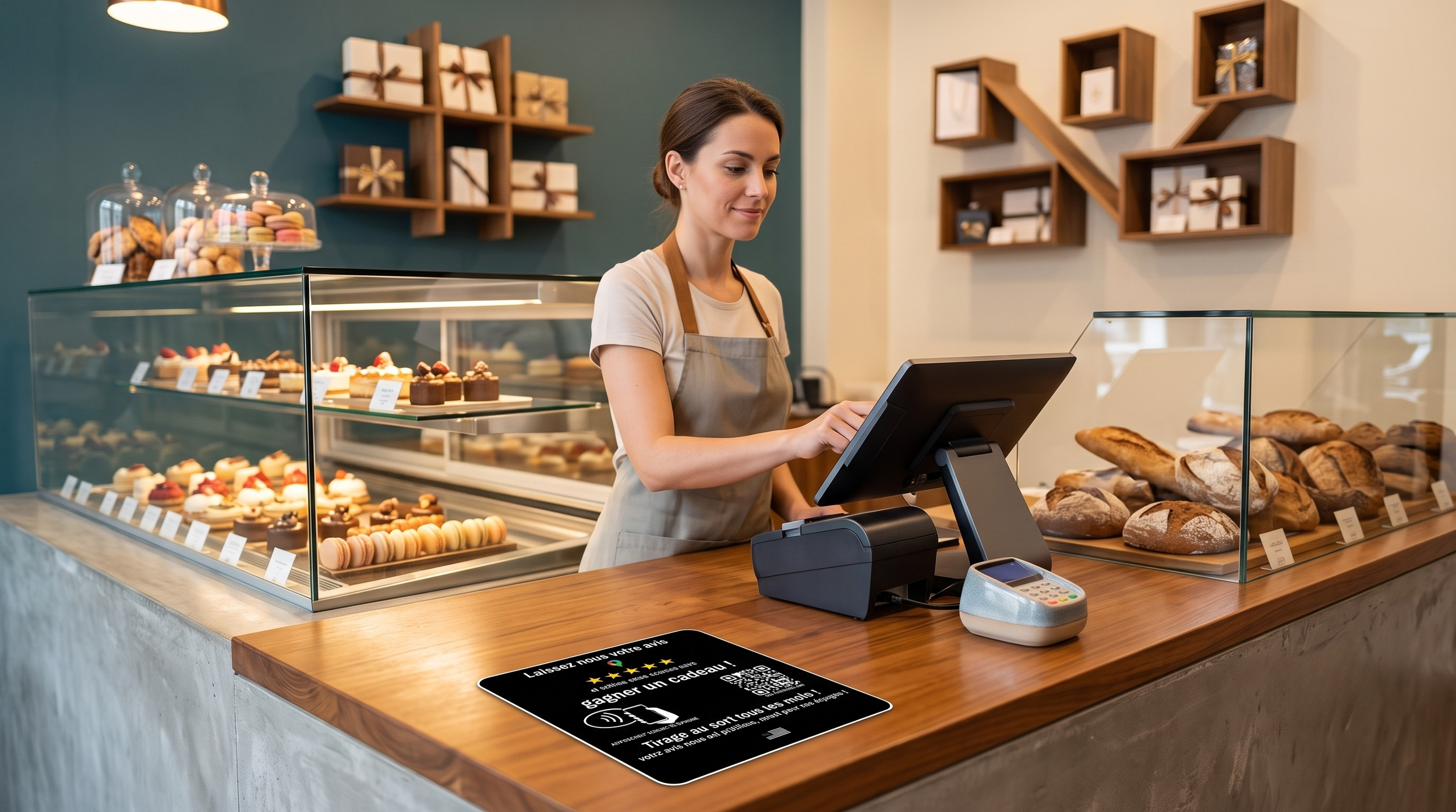 Une vendeuse souriante en tablier marron utilise une caisse tactile dans une boulangerie avec un autocollant d'avis connecté posé sur le comptoir en bois.